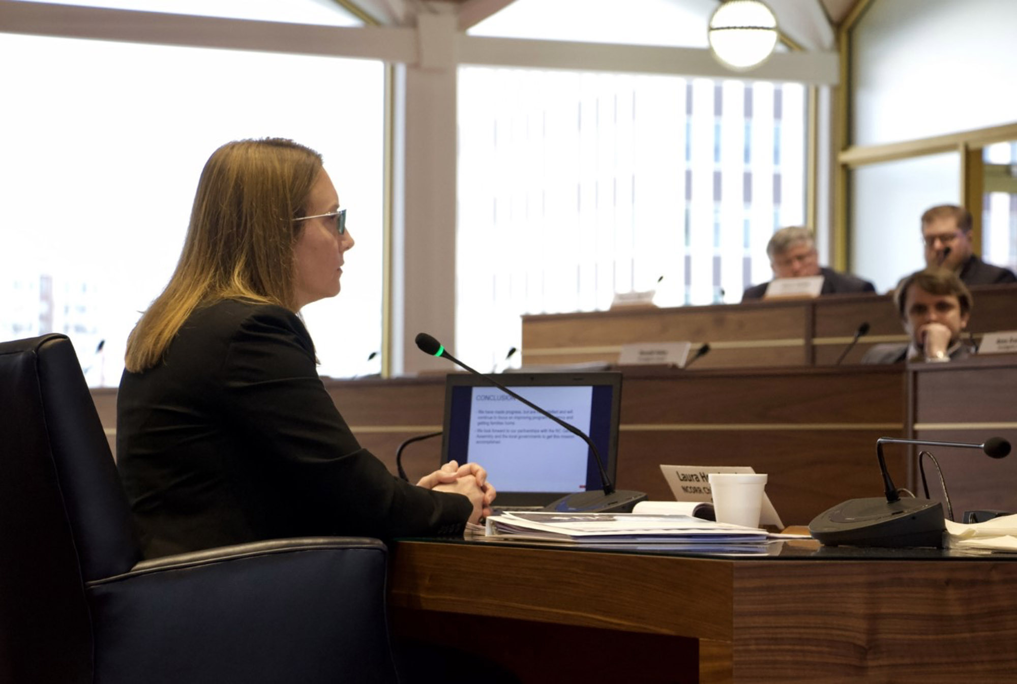 FILE - Laura Hogshead, director of the North Carolina Office of Recovery and Resiliency, answers questions from lawmakers about delays in the state's hurricane recovery efforts during a hearing at the Legislative Building in Raleigh, N.C., Dec. 14, 2022. (AP Photo/Hannah Schoenbaum, File)