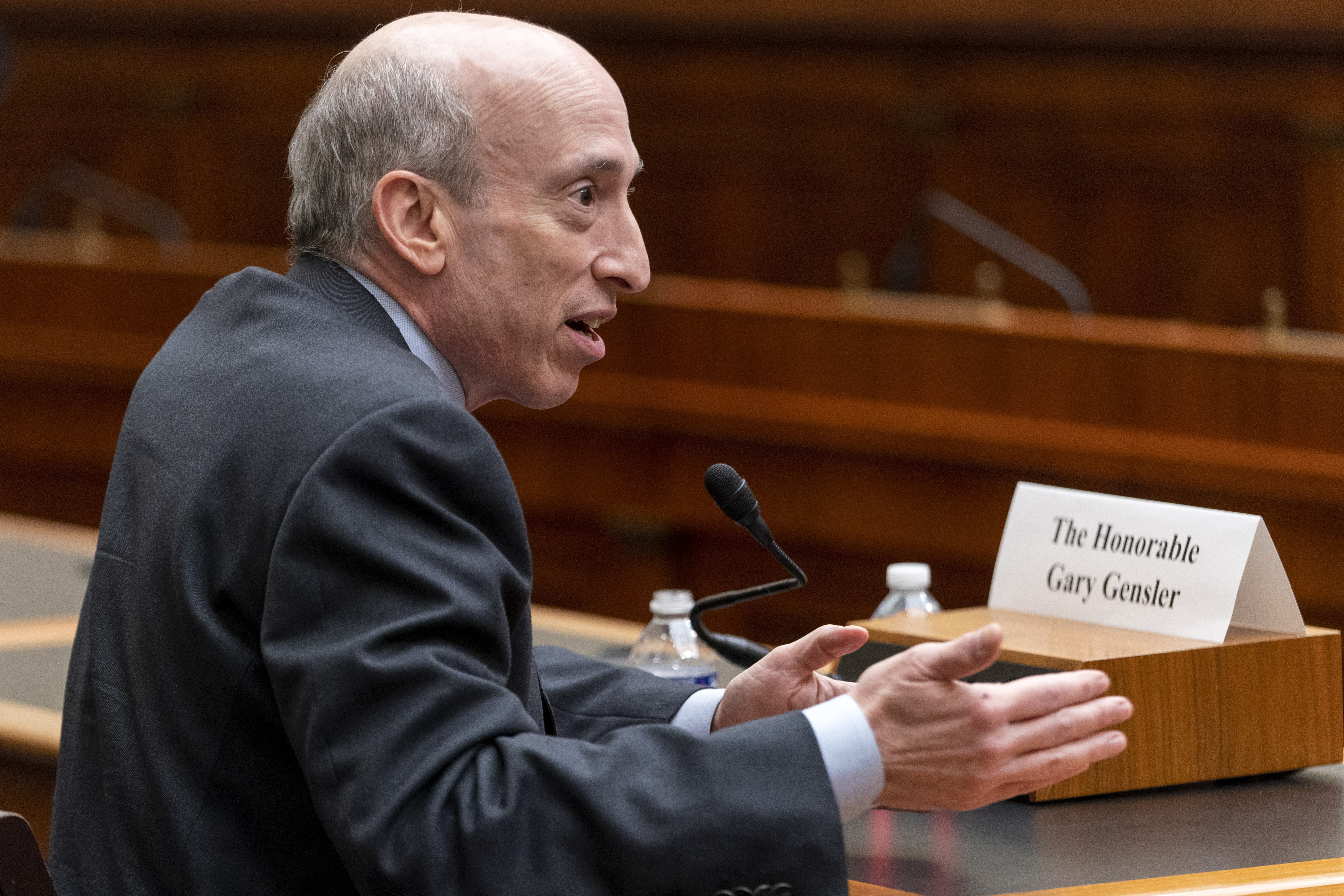 FILE - Securities and Exchange Commission (SEC) Chair Gary Gensler testifies during a House Financial Services Committee hearing on oversight of the SEC, April 18, 2023, on Capitol Hill in Washington. (AP Photo/Jacquelyn Martin, File)