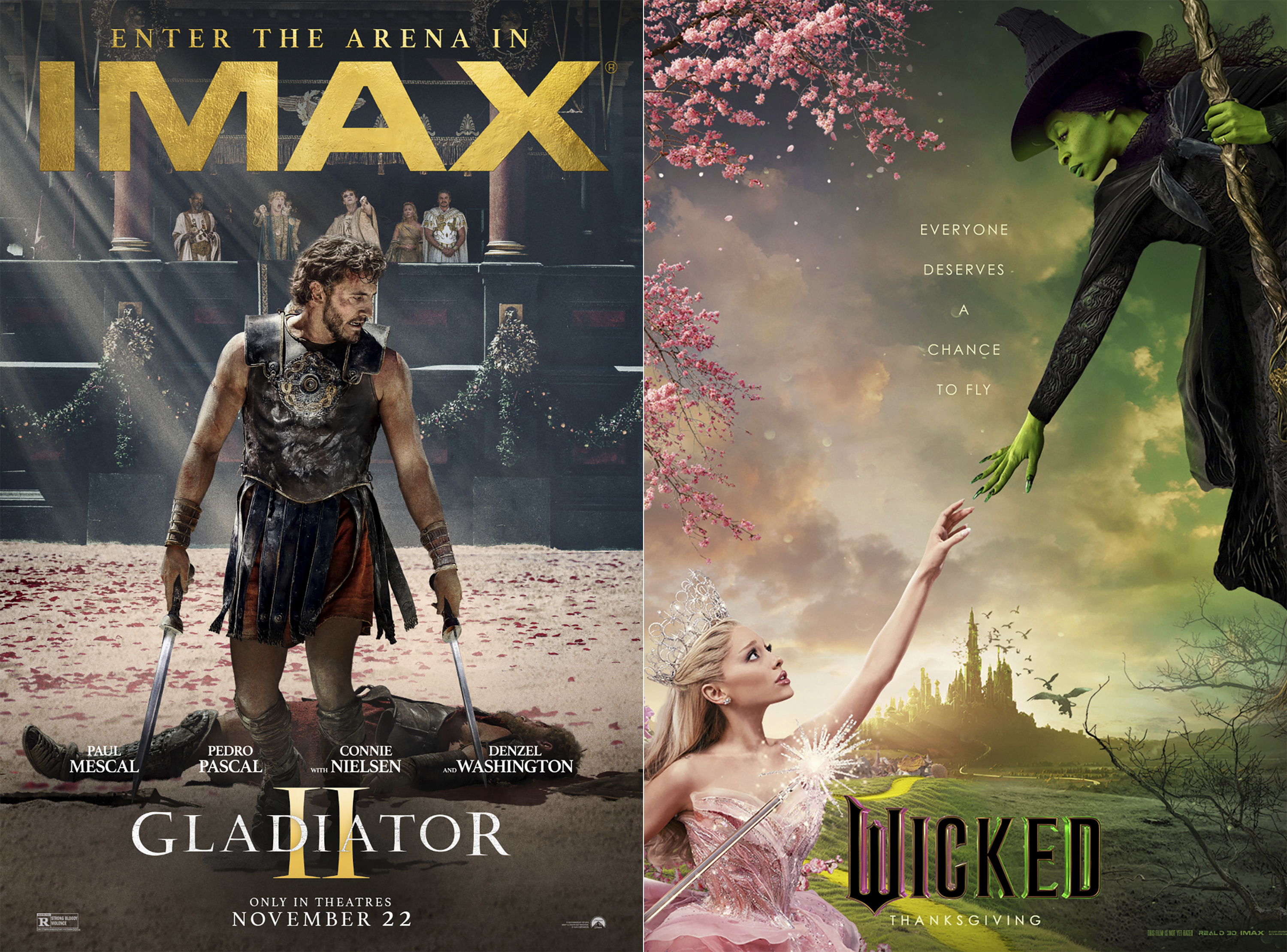 This combination of images shows promotional art for "Gladiator II," left, and "Wicked." (Paramount/Universal Pictures via AP)