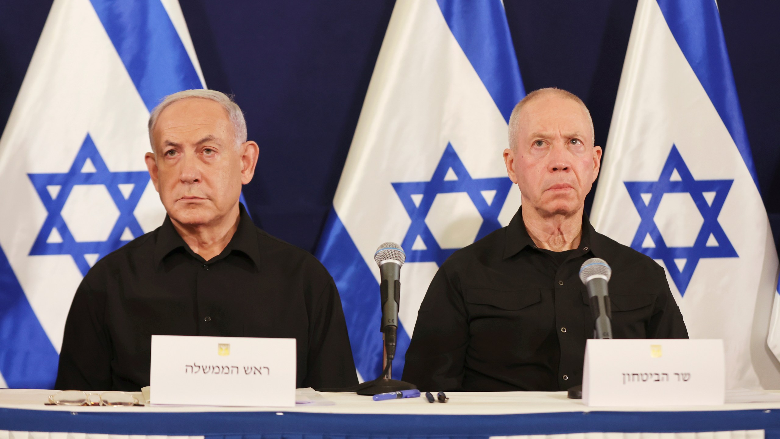 FILE - Israeli Prime Minister Benjamin Netanyahu, left, and Defense Minister Yoav Gallant attend a press conference in the Kirya military base in Tel Aviv, Israel, Saturday, Oct. 28, 2023. (Abir Sultan/Pool Photo via AP, File)