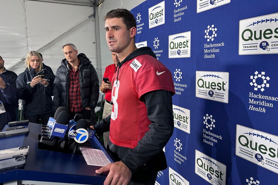 New York Giants NFL football quarterback Daniel Jones speaks to the media Thursday, Nov. 21, 2024, in East Rutherford, N.J. (AP Photo/Tom Canavan)