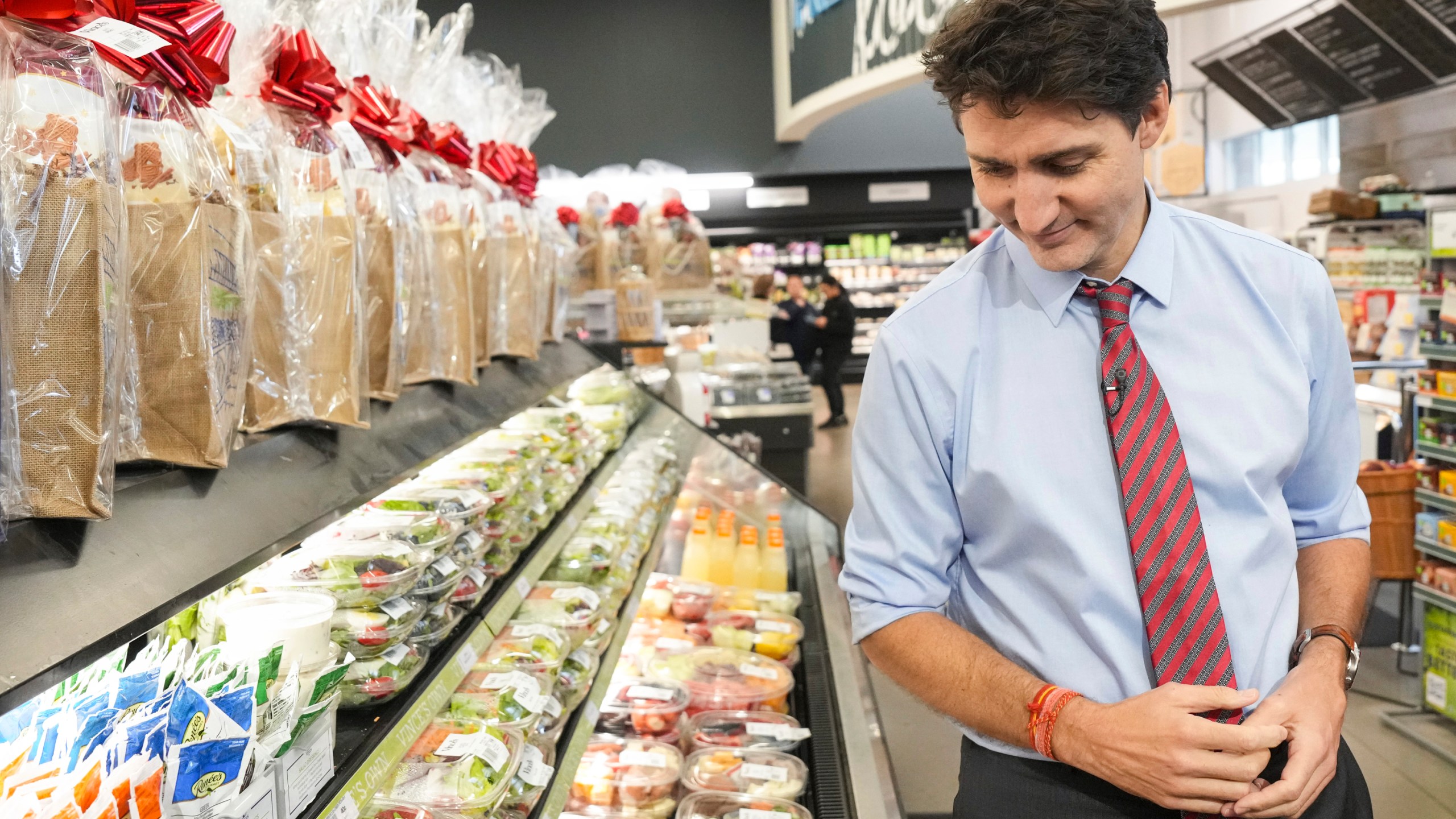 Prime Minister Justin Trudeau visits Vince's Market, a grocery store in Sharon, Ontario, on Thursday, Nov. 21, 2024. (Chris Young/The Canadian Press via AP)