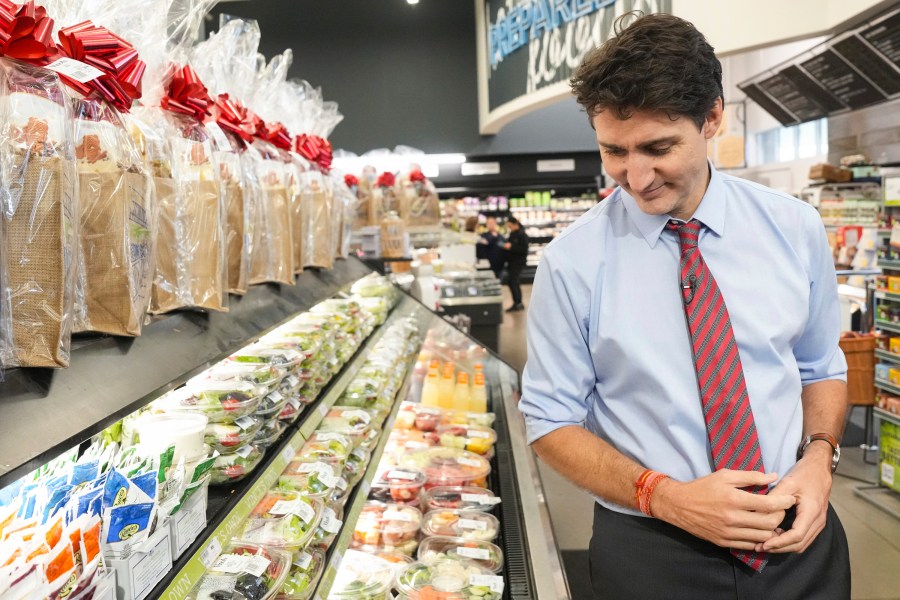 Prime Minister Justin Trudeau visits Vince's Market, a grocery store in Sharon, Ontario, on Thursday, Nov. 21, 2024. (Chris Young/The Canadian Press via AP)