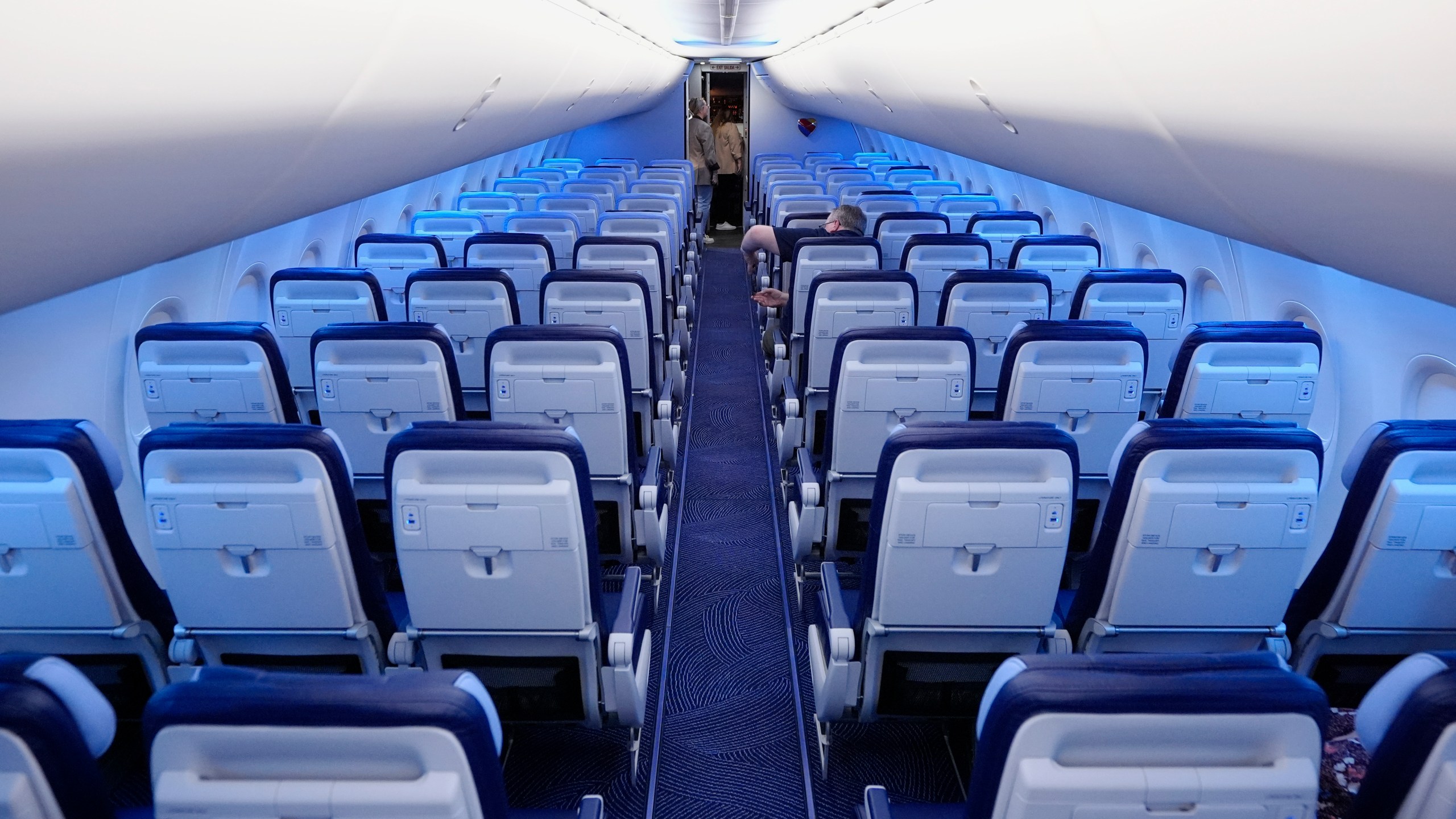 FILE - Rows of seats are shown on a retrofitted Southwest Airlines jet at Love Field, Sept. 26, 2024, in Dallas. (AP Photo/Tony Gutierrez, File)