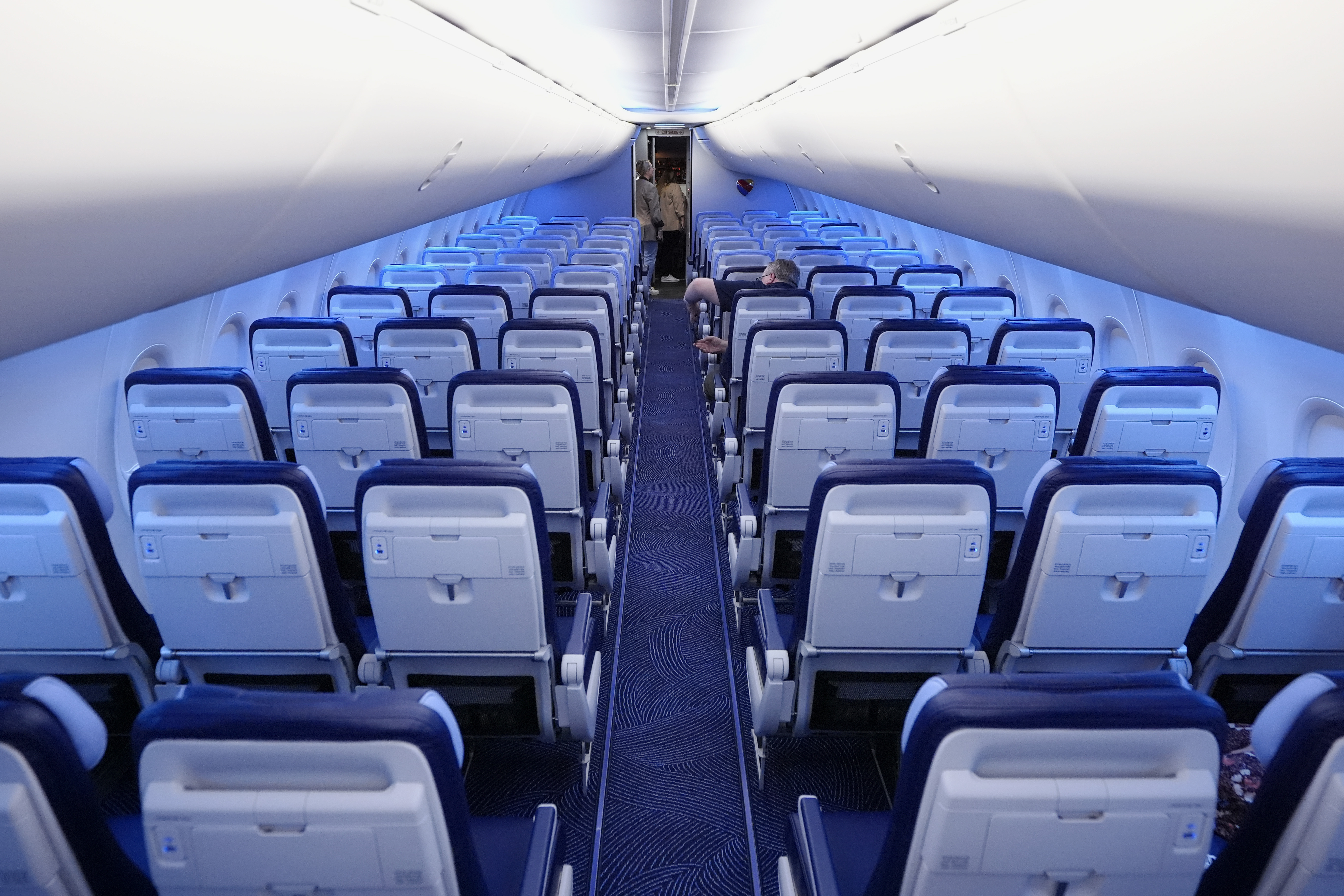 FILE - Rows of seats are shown on a retrofitted Southwest Airlines jet at Love Field, Sept. 26, 2024, in Dallas. (AP Photo/Tony Gutierrez, File)