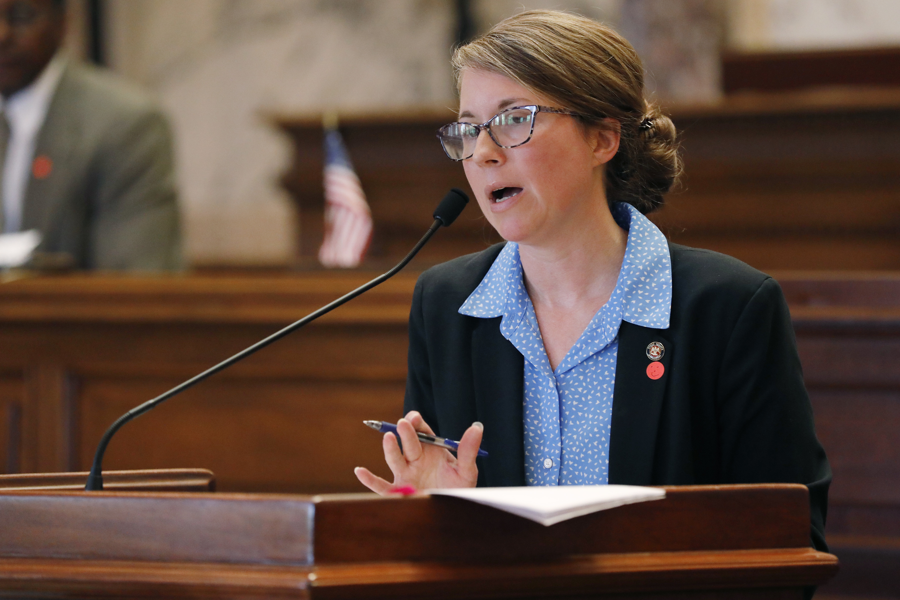 FILE - Senate Elections Committee Chair Jenifer Branning, R-Philadelphia, explains a facet of an absentee-ballot bill during floor debate at the Capitol in Jackson, Miss., June 15, 2020. (AP Photo/Rogelio V. Solis, File)