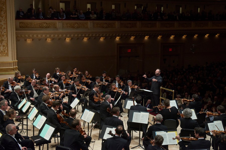 This image released by Carnegie Hall shows Kirill Petrenko, chief conductor of the Berlin Philharmonic, leading the orchestra at Carnegie Hall on Nov. 17, 2024 in New York. (Stefan Cohen/Carnegie Hall via AP)