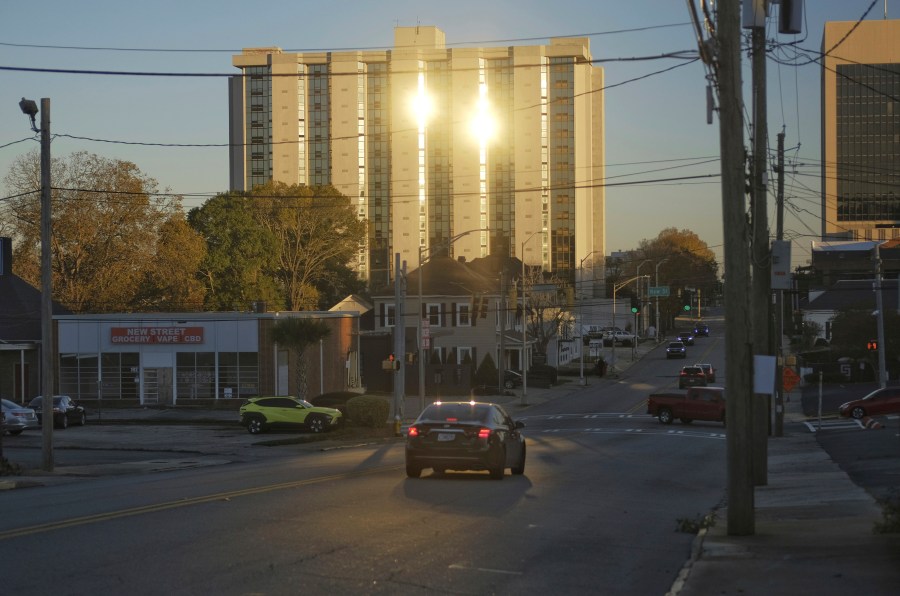 The former Ramada Plaza hotel, slated for implosion as part of New Year's Eve festivities on Dec. 31, 2024, is seen on Wednesday, Nov. 20, 2024, in Macon, Ga. (Grant Blankenship/Georgia Public Broadcasting via AP)