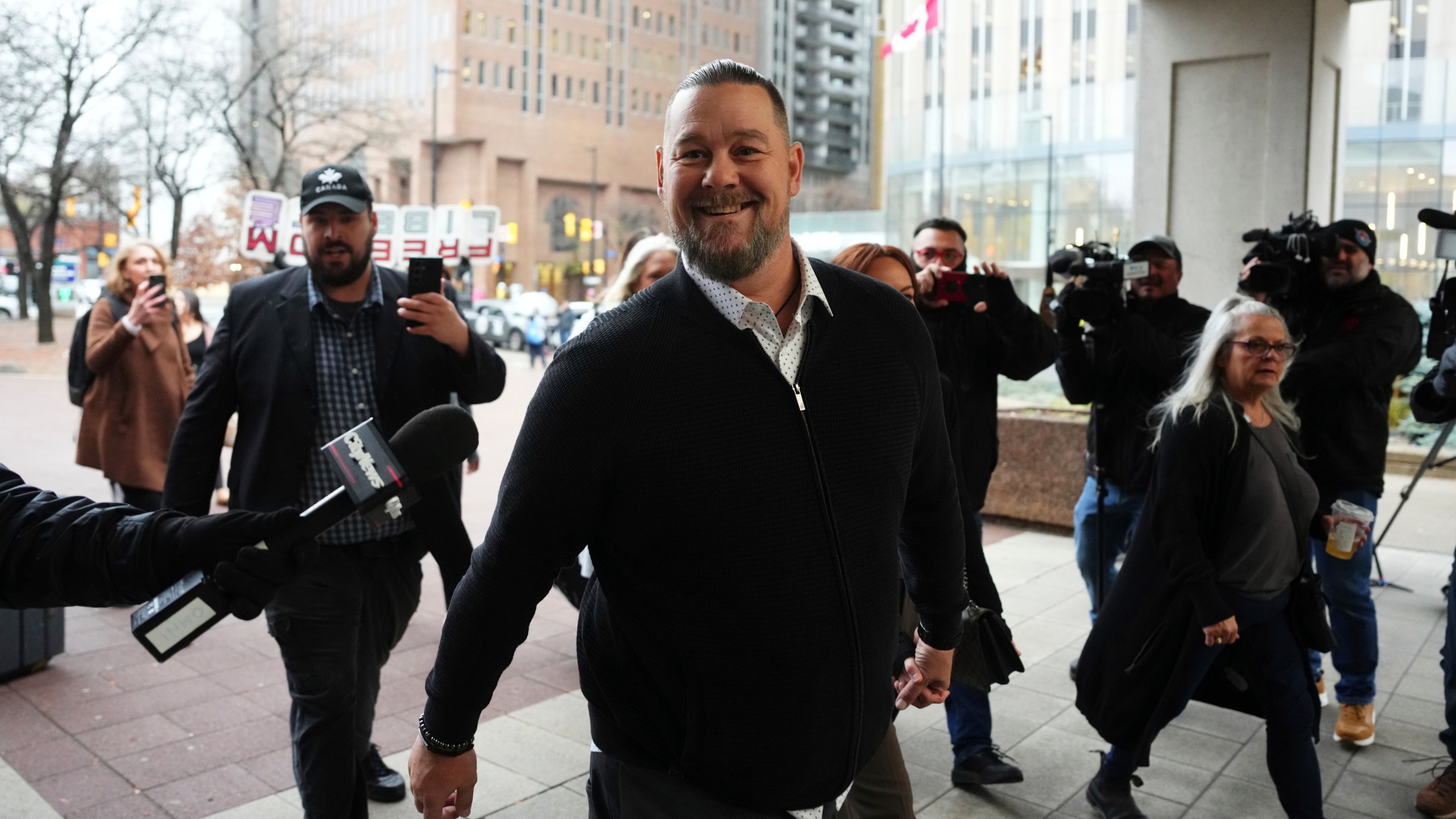 Pat King, a prominent figure in Canada’s trucker protests against COVID-19 restrictions in 2022, arrives at court in Ottawa, Ontario, Friday, Nov. 22, 2024. (Sean Kilpatrick/The Canadian Press via AP)