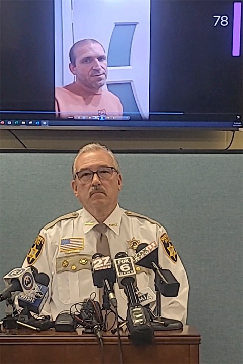 This still image provided by Green Lake County Sheriff's Office, Sheriff Mark Podoll holds a news conference regarding Ryan Borgwardt, who faked his own drowning this summer, on Thursday, Nov. 21, 2024 in Green Lake, Wis. (Green Lake County Sheriff's Office via AP)