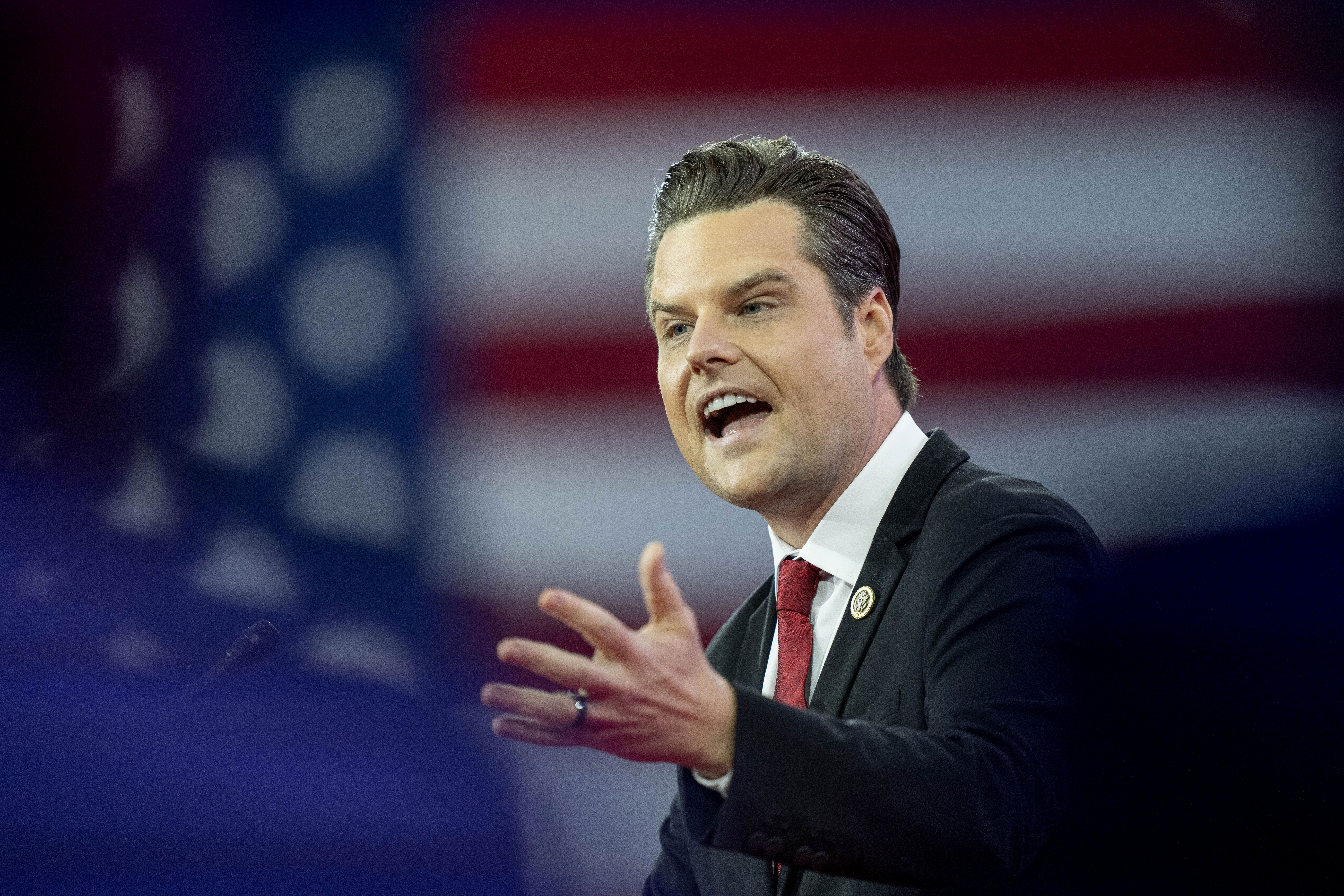 FILE - Rep. Matt Gaetz, R-Fla., speaks during the Conservative Political Action Conference, CPAC 2024, at the National Harbor, in Oxon Hill, Md., Feb. 23, 2024. (AP Photo/Alex Brandon, File)