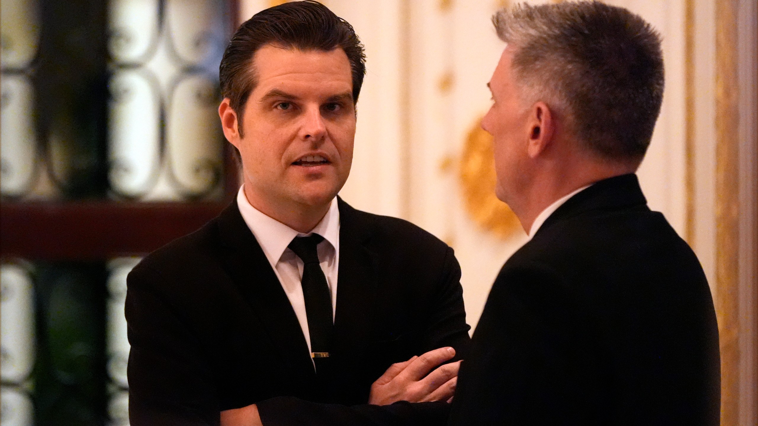 Matt Gaetz talks before President-elect Donald Trump speaks during an America First Policy Institute gala at his Mar-a-Lago estate, Thursday, Nov. 14, 2024, in Palm Beach, Fla. (AP Photo/Alex Brandon)