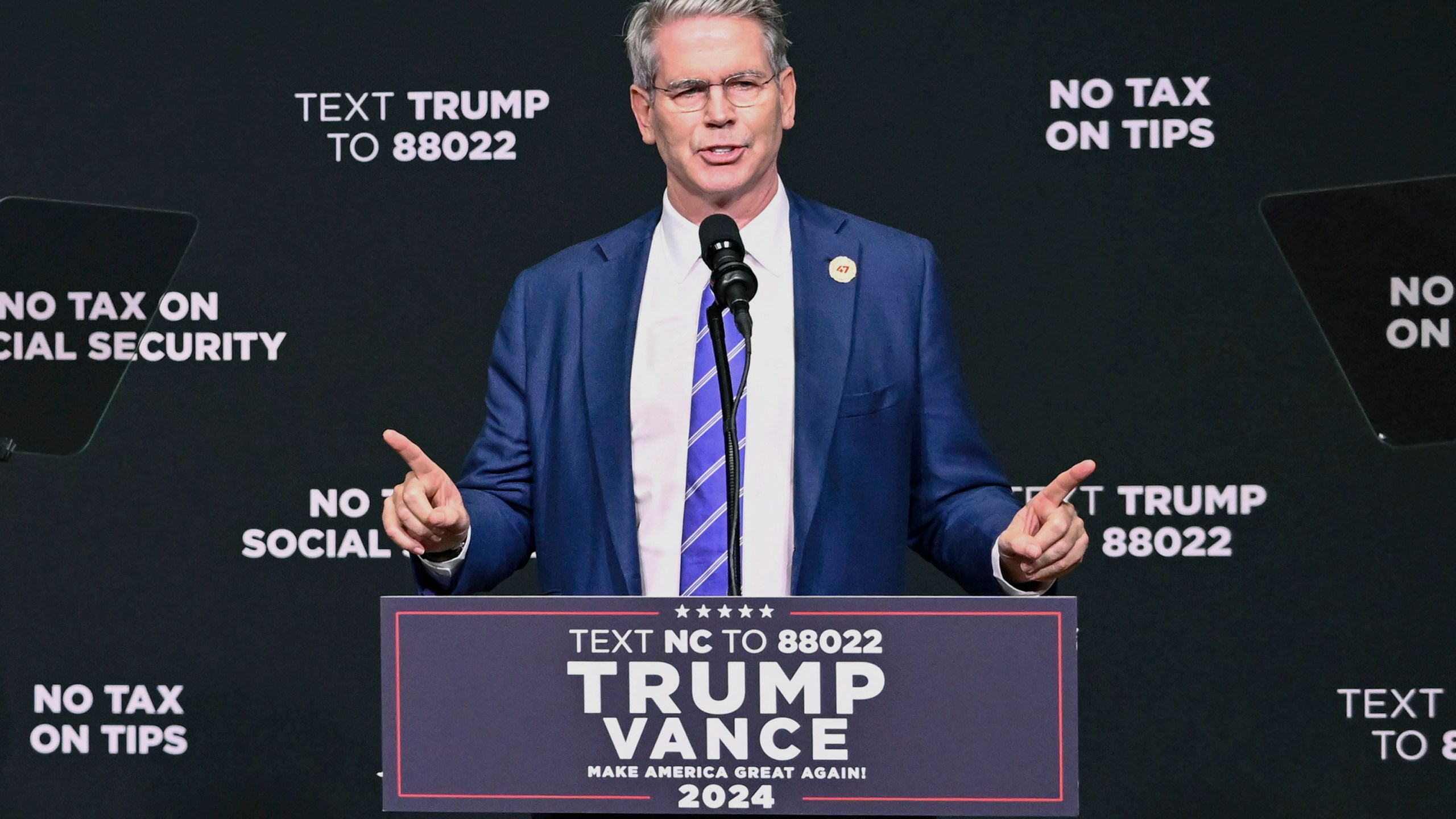 FILE - Investor Scott Bessent speaks on the economy in Asheville, N.C., Aug. 14, 2024. (AP Photo/Matt Kelley, File)