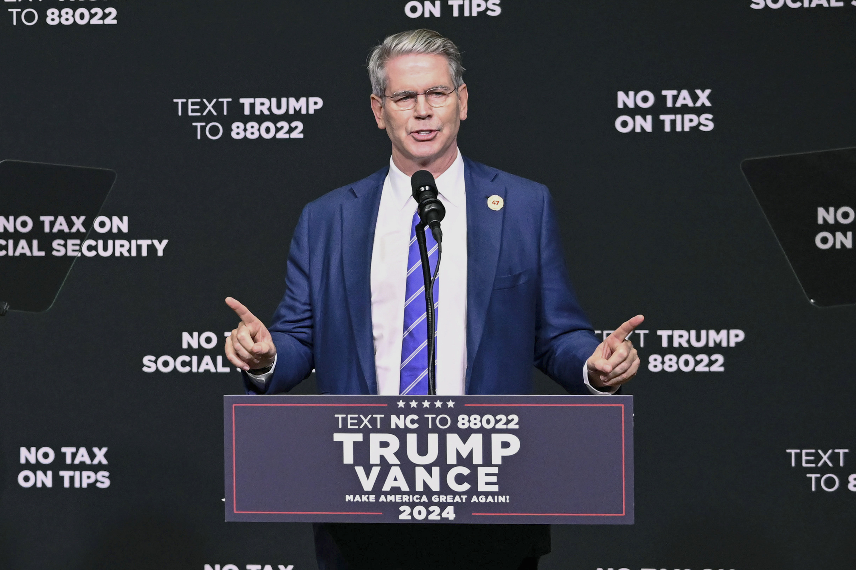 FILE - Investor Scott Bessent speaks on the economy in Asheville, N.C., Aug. 14, 2024. (AP Photo/Matt Kelley, File)