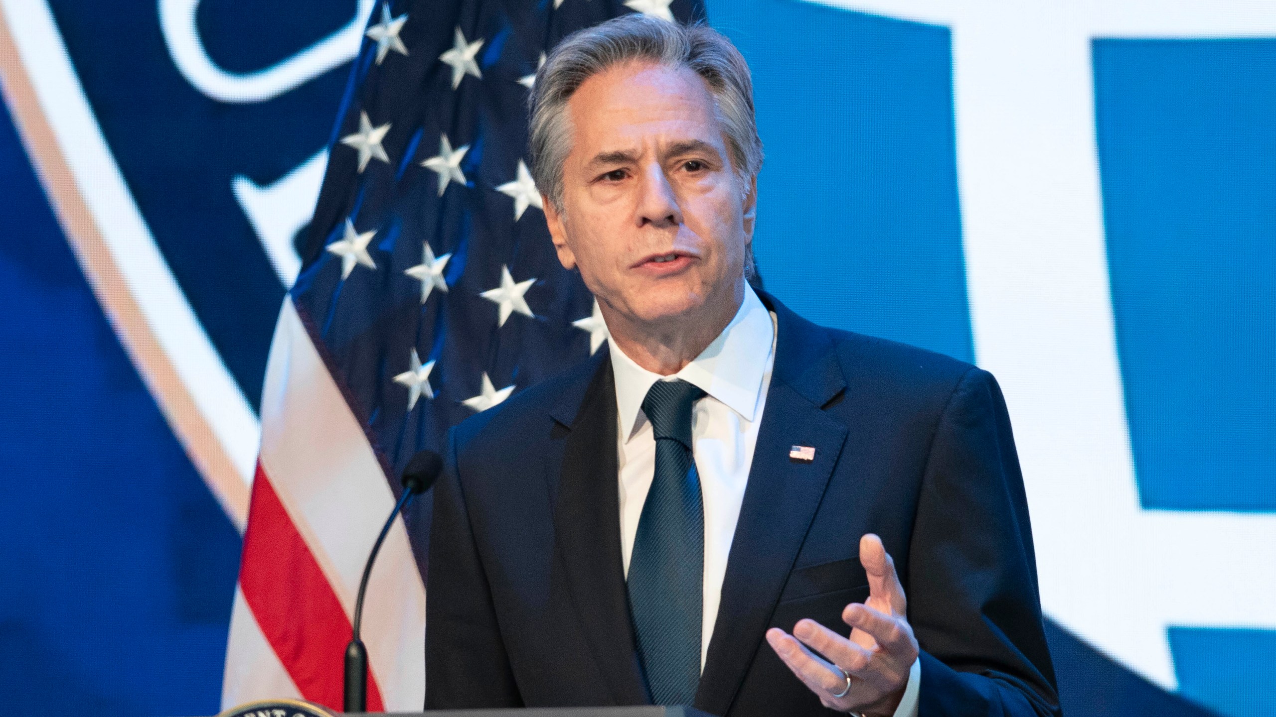 Secretary of State Antony Blinken speaks at the Overseas Security Advisory Council (OSAC) annual briefing at Amazon headquarters in Arlington, Va., Thursday, Nov. 21, 2024. (AP Photo/Jose Luis Magana)