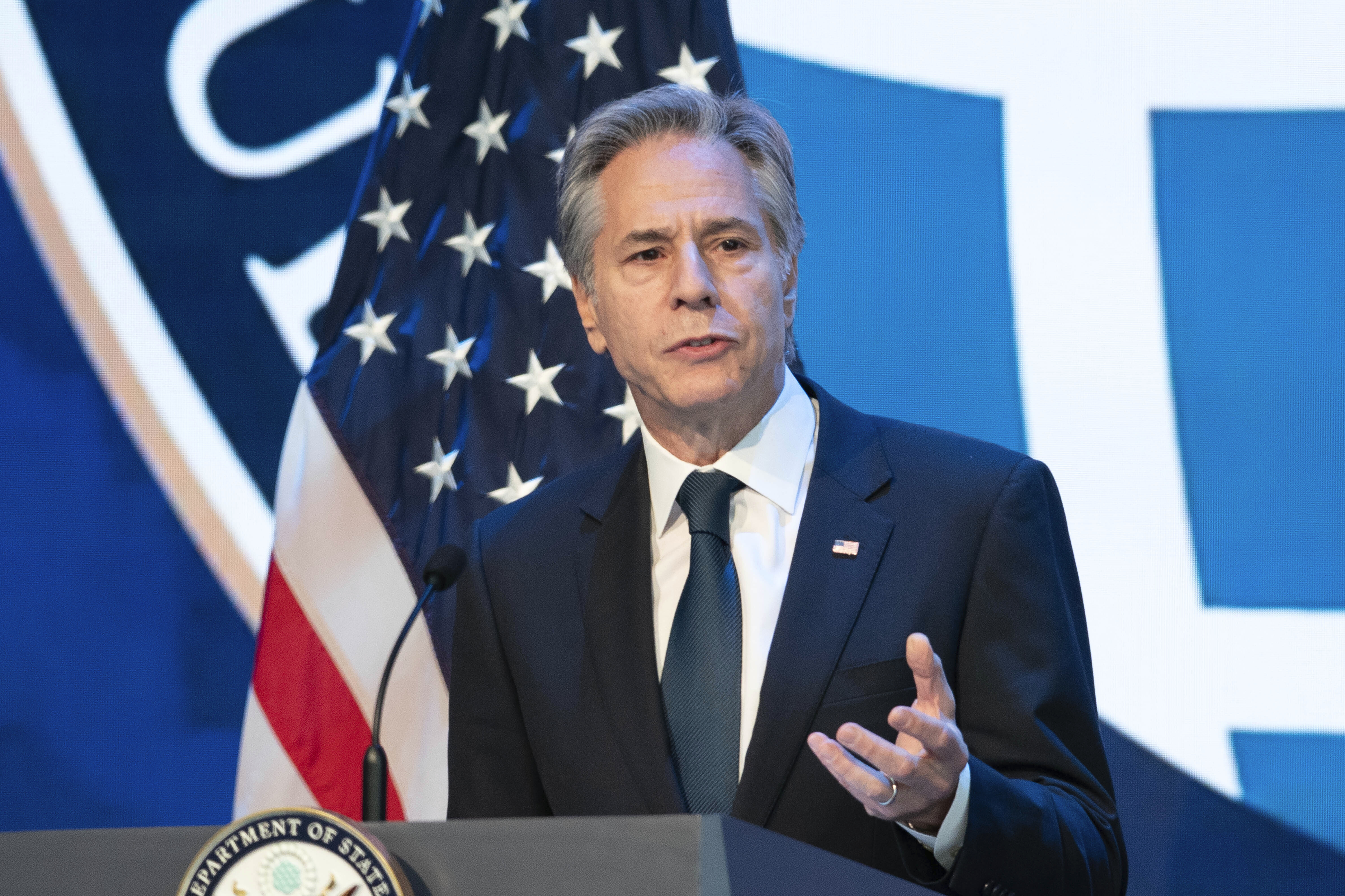 Secretary of State Antony Blinken speaks at the Overseas Security Advisory Council (OSAC) annual briefing at Amazon headquarters in Arlington, Va., Thursday, Nov. 21, 2024. (AP Photo/Jose Luis Magana)