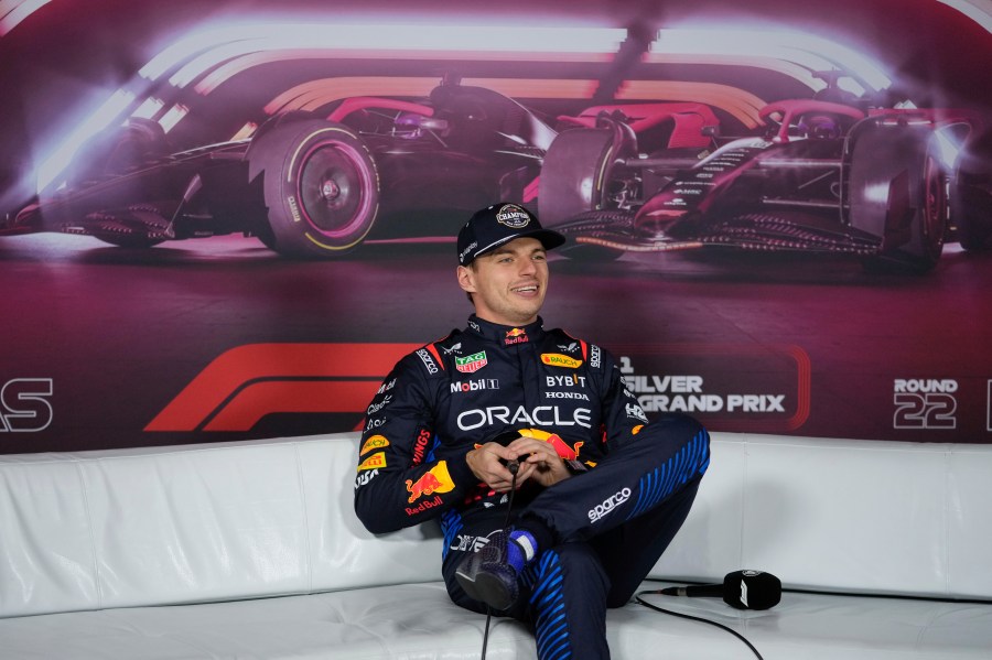 Red Bull driver Max Verstappen, of the Netherlands, conducts an interview after the F1 Las Vegas Grand Prix auto race, Sunday, Nov. 24, 2024, in Las Vegas. (AP Photo/Matt York)