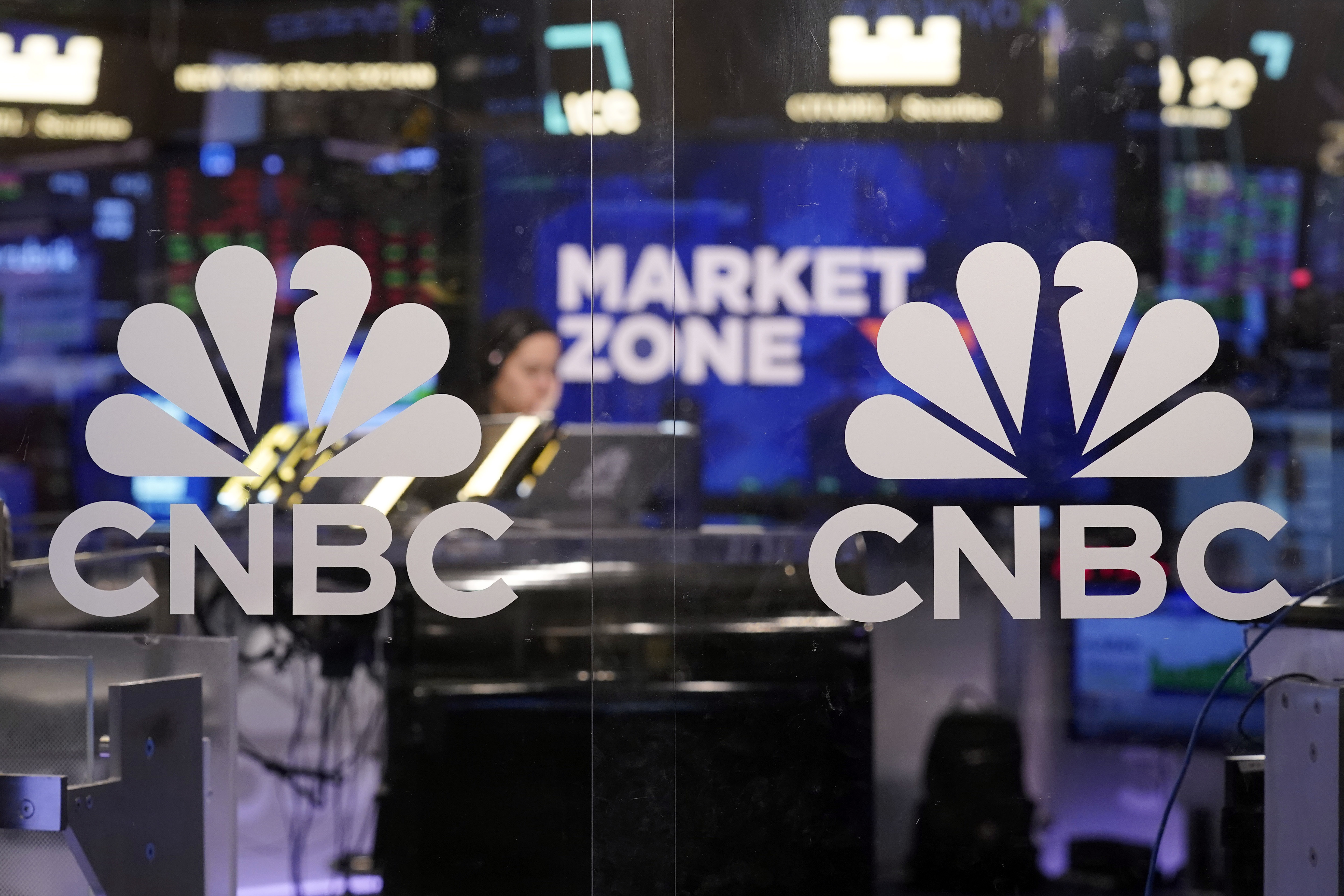 FILE - The logo for CNBC appears on the CNBC studio on the floor of the New York Stock Exchange, Nov. 20, 2024. (AP Photo/Richard Drew, File)