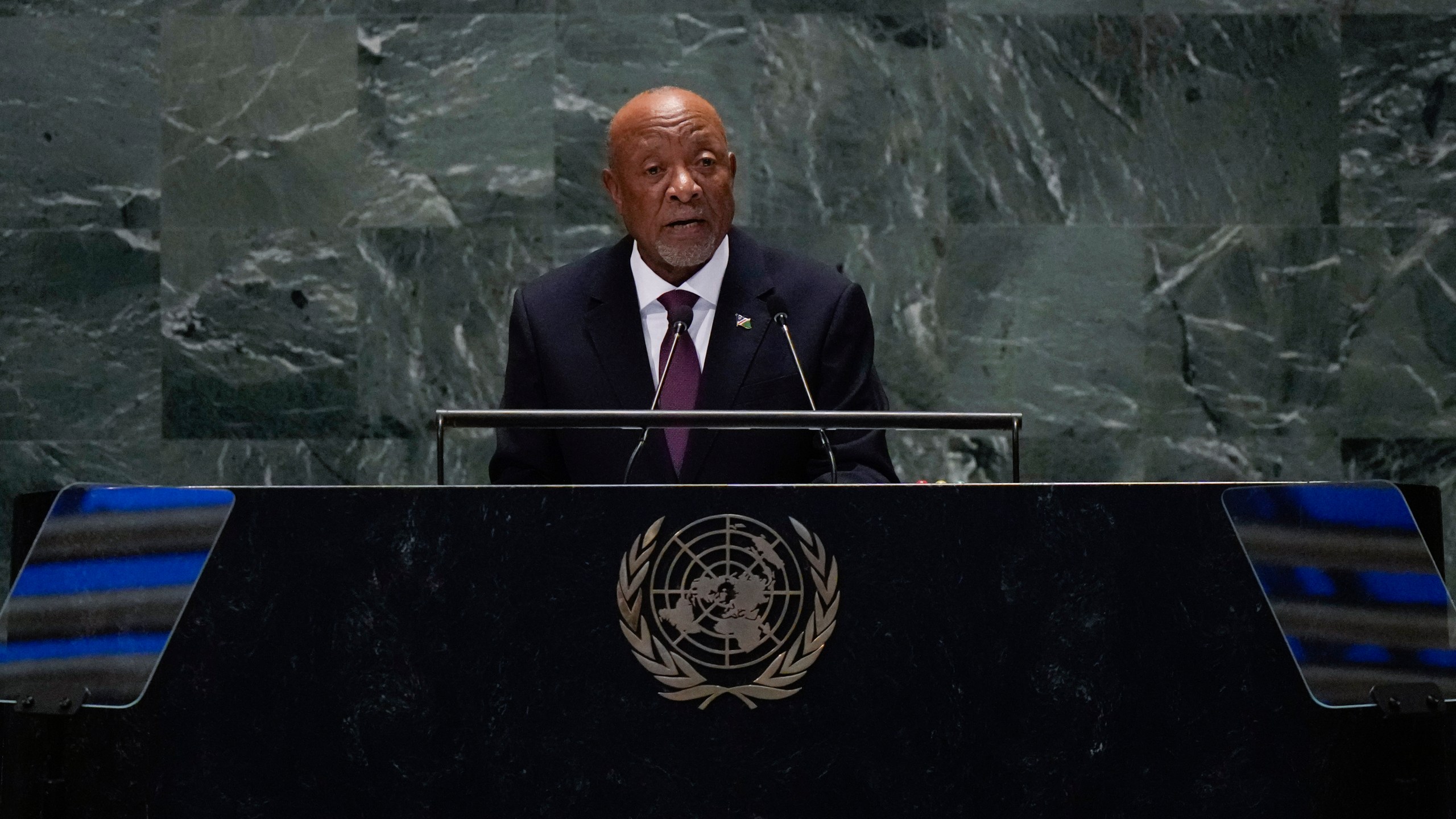 File — Namibia's President, Nangolo Mbumba, speaks to the United Nations General Assembly during the Summit for the Future, Sunday, Sept. 22, 2024 at U.N. headquarters. (AP Photo/Frank Franklin II/File)