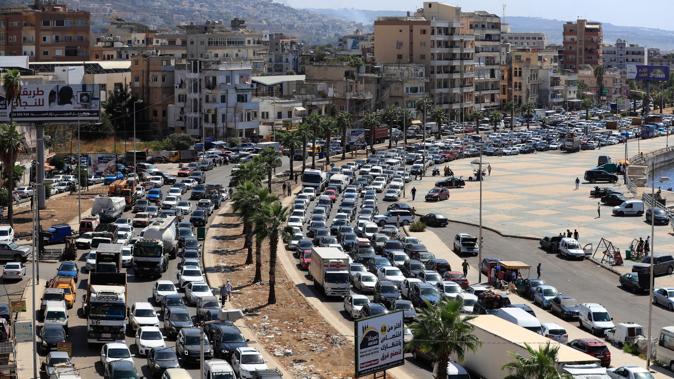 FILE - Cars sit in traffic as they flee southern villages in Sidon, Lebanon, on Sept. 23, 2024. (AP Photo/Mohammed Zaatari, File)