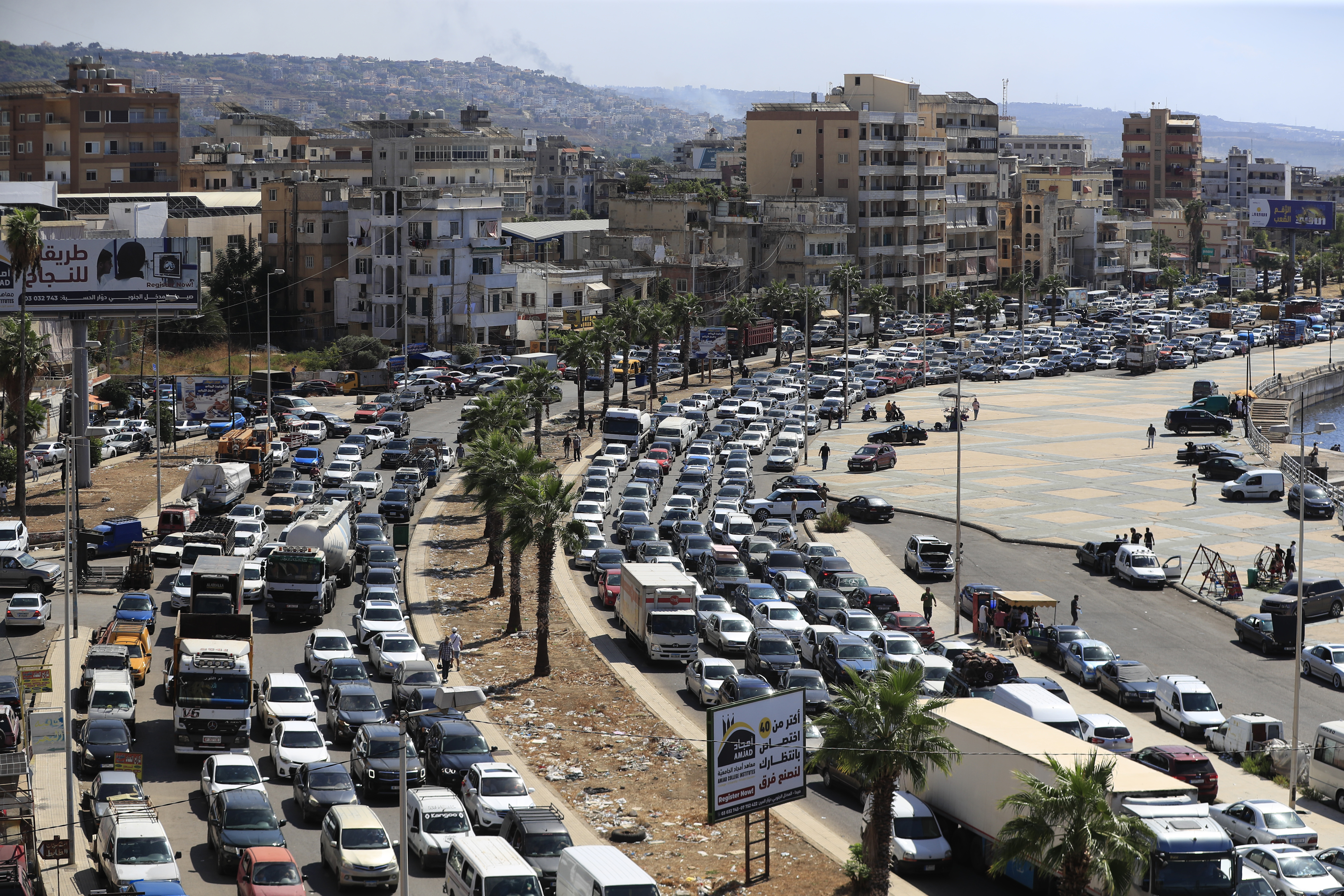 FILE - Cars sit in traffic as they flee southern villages in Sidon, Lebanon, on Sept. 23, 2024. (AP Photo/Mohammed Zaatari, File)