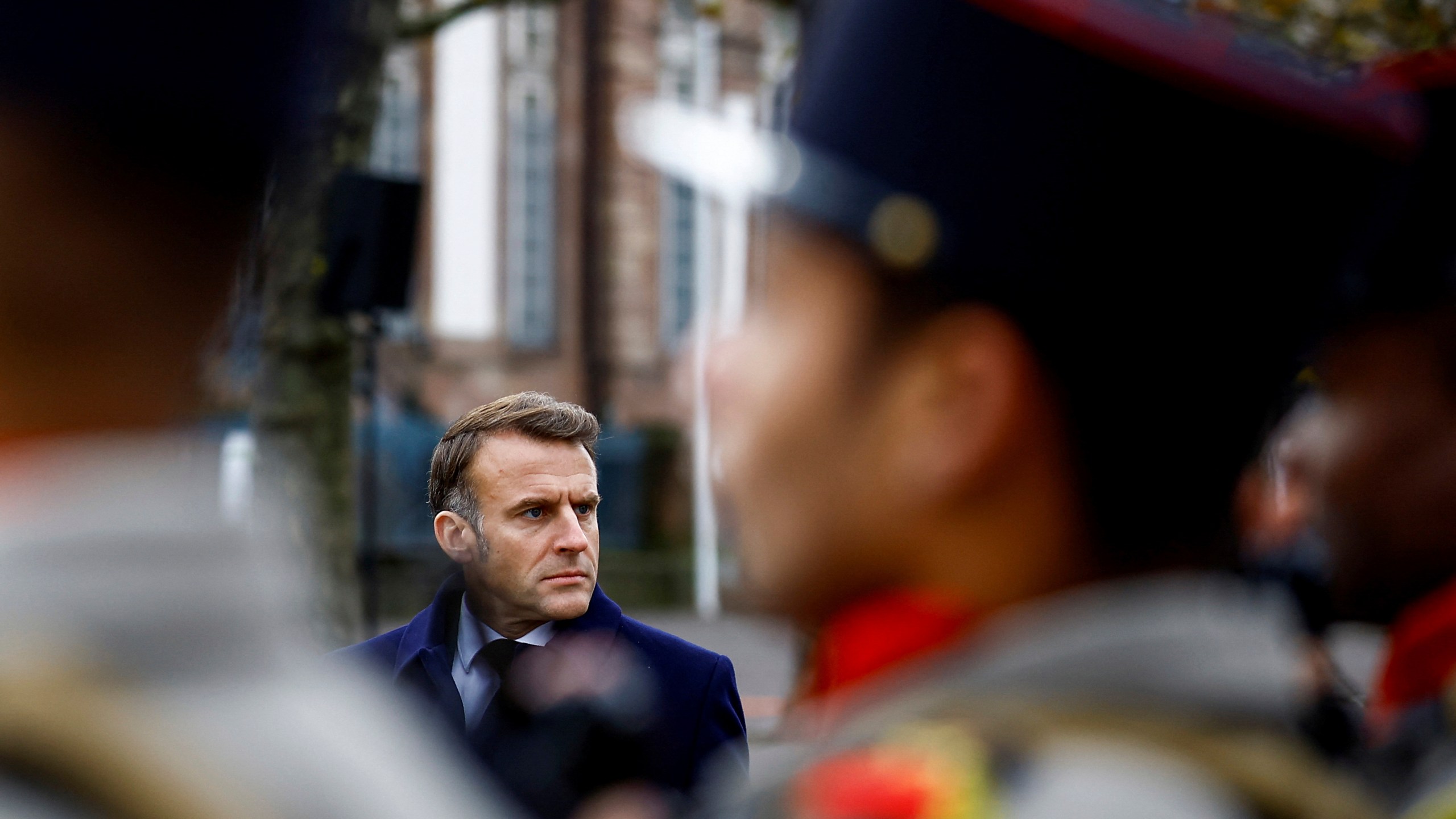 French President Emmanuel Macron attends a ceremony to mark the 80th anniversary of the Liberation of Strasbourg, at the Place Broglie in Strasbourg, eastern France, Saturday, Nov. 23, 2024. (Sarah Meyssonnier/Pool Photo via AP)