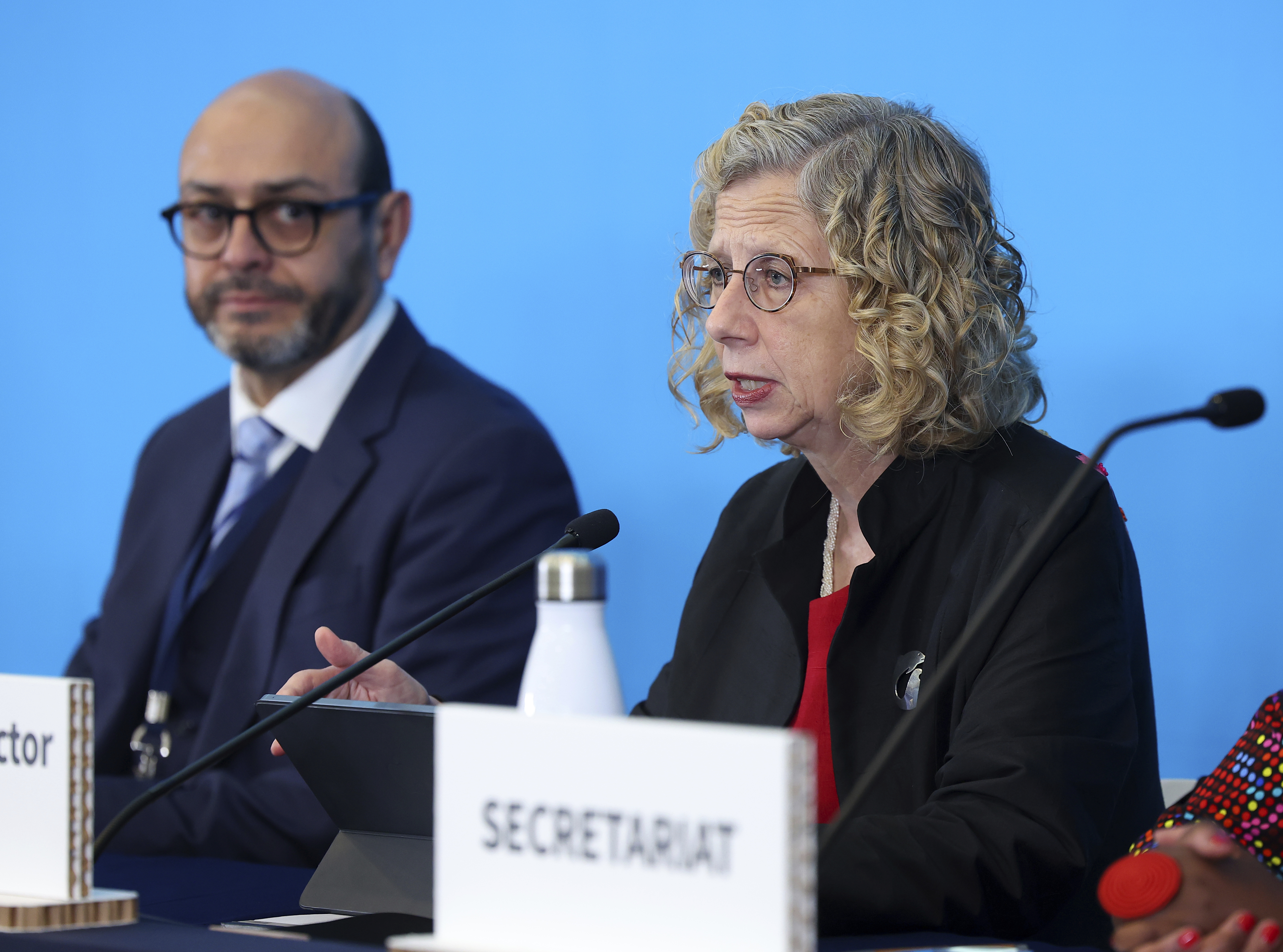 Inger Andersen, Executive Director of UNEP, right, speaks next to chair of the International Negotiating Committee, Luis Vayas Valdivieso, left, during the press conference for the fifth session of the Intergovernmental Negotiating Committee on Plastic Pollution in Busan, South Korea, Monday, Nov. 25, 2024. (Son Hyung-joo/Yonhap via AP)