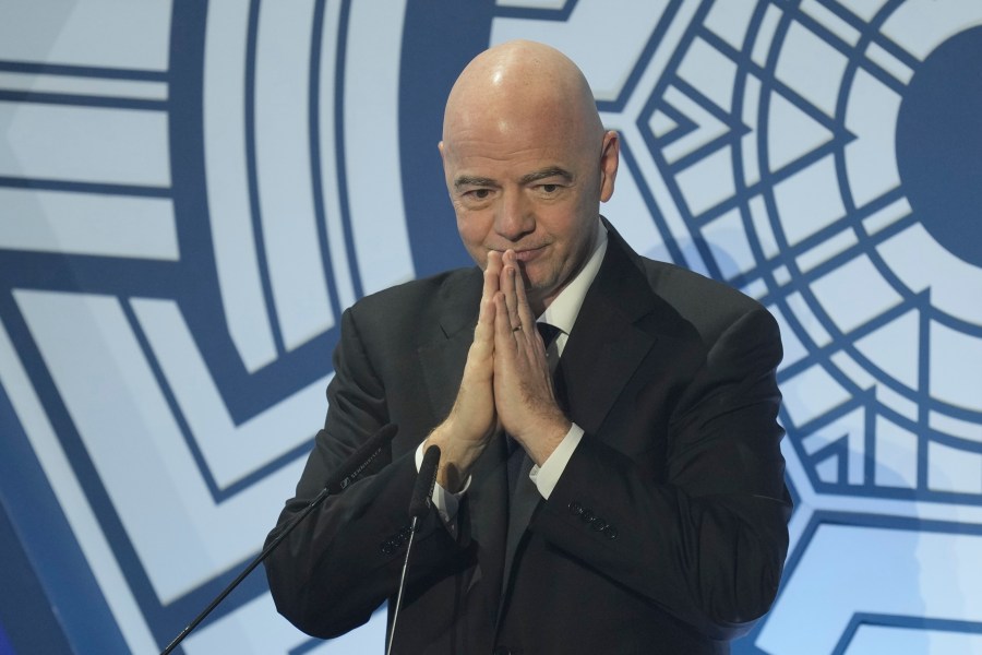 FIFA President Gianni Infantino reacts after he delivers a speech during the Asian Football Confederation or AFC Annual Award Seoul 2023, ceremony at the Grand Peace Palace in Seoul, South Korea, Tuesday, Oct. 29, 2024. (AP Photo/Lee Jin-man)