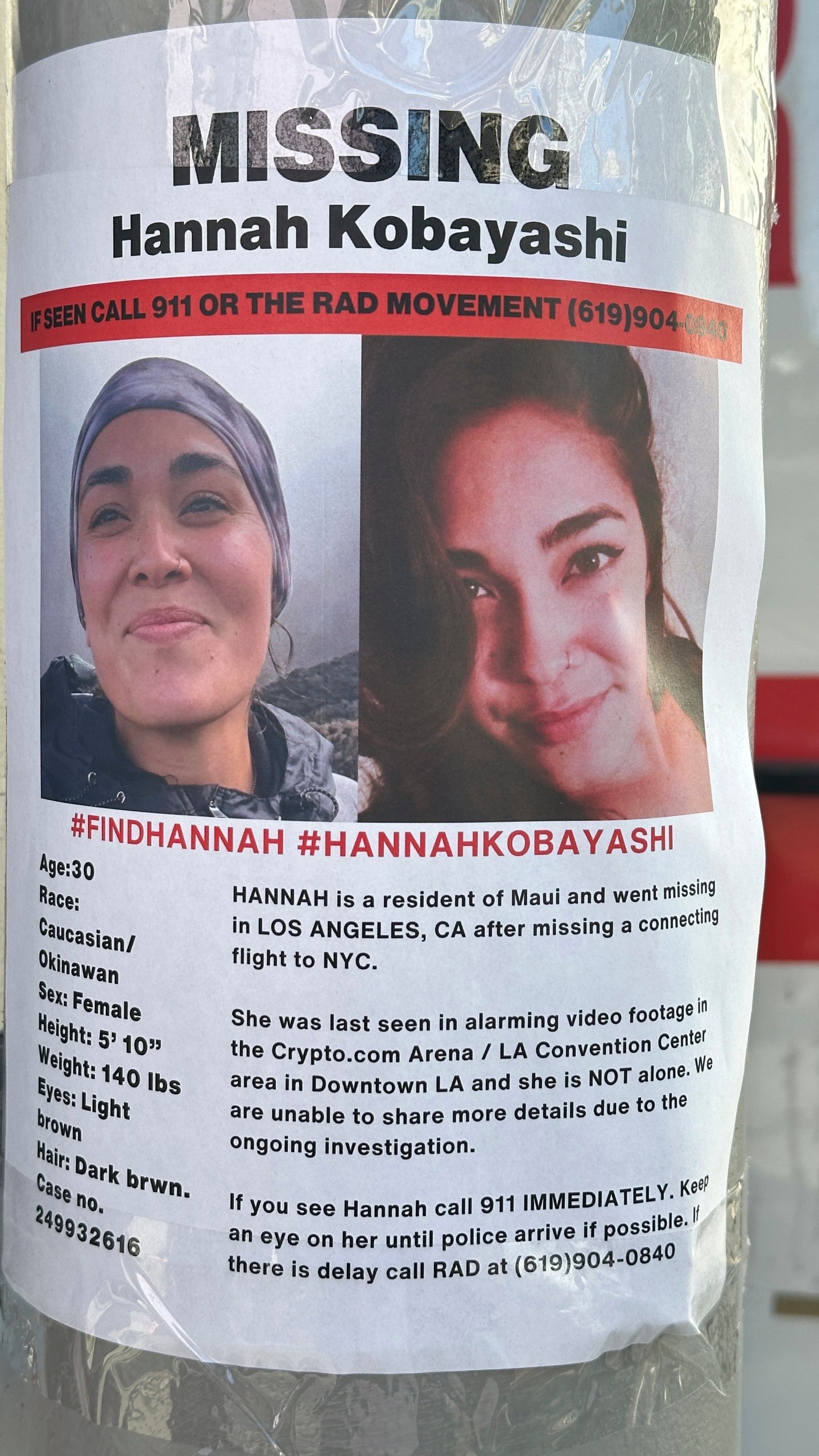 A flyer with information on Hannah Kobayashi, currently missing, is displayed Thursday, Nov. 21, 2024 in Los Angeles. (AP Photo/Damian Dovarganes)