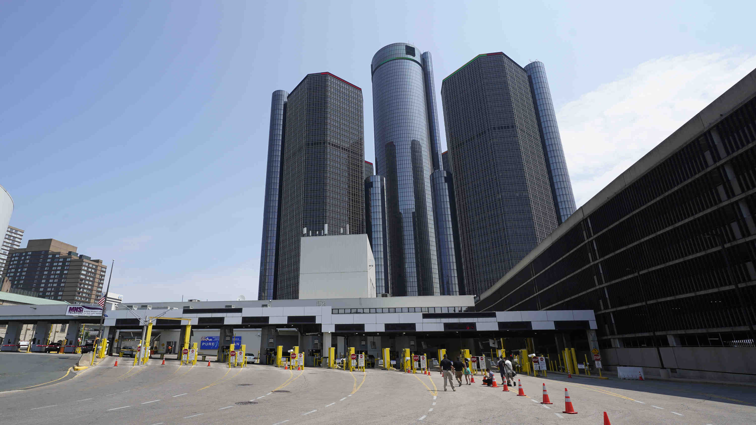 FILE - The Renaissance Center is shown near the Detroit-Windsor tunnel plaza in Detroit, Aug. 9, 2021. (AP Photo/Paul Sancya, File)