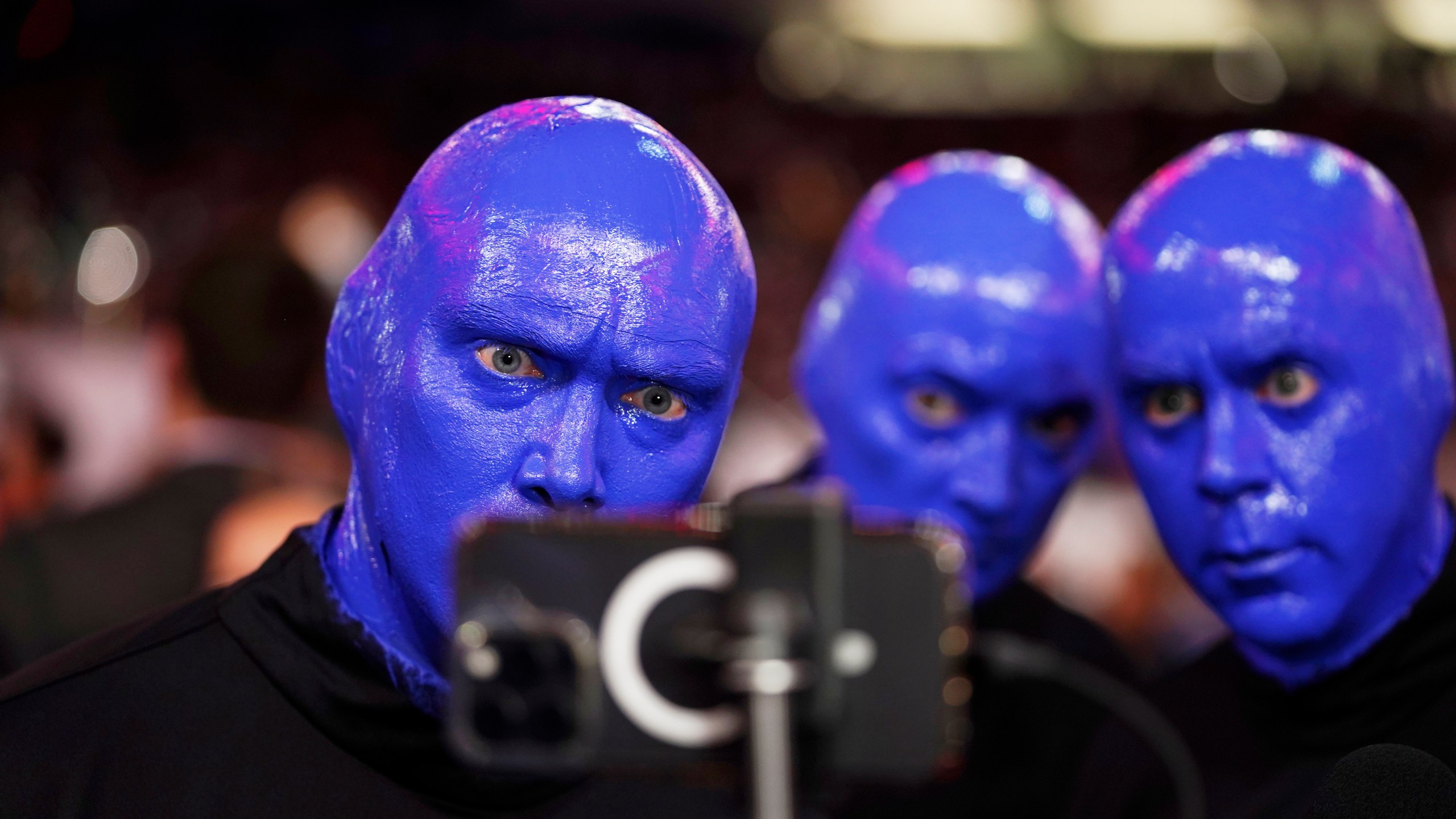 FILE - Blue Man Group at Super Bowl Opening Night ahead of the Super Bowl 58 NFL football game, Feb. 6, 2024, in Las Vegas. AP Photo/Vera Nieuwenhuis, file)