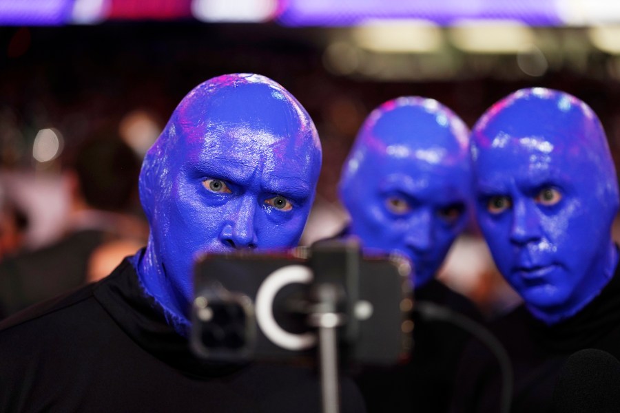 FILE - Blue Man Group at Super Bowl Opening Night ahead of the Super Bowl 58 NFL football game, Feb. 6, 2024, in Las Vegas. AP Photo/Vera Nieuwenhuis, file)