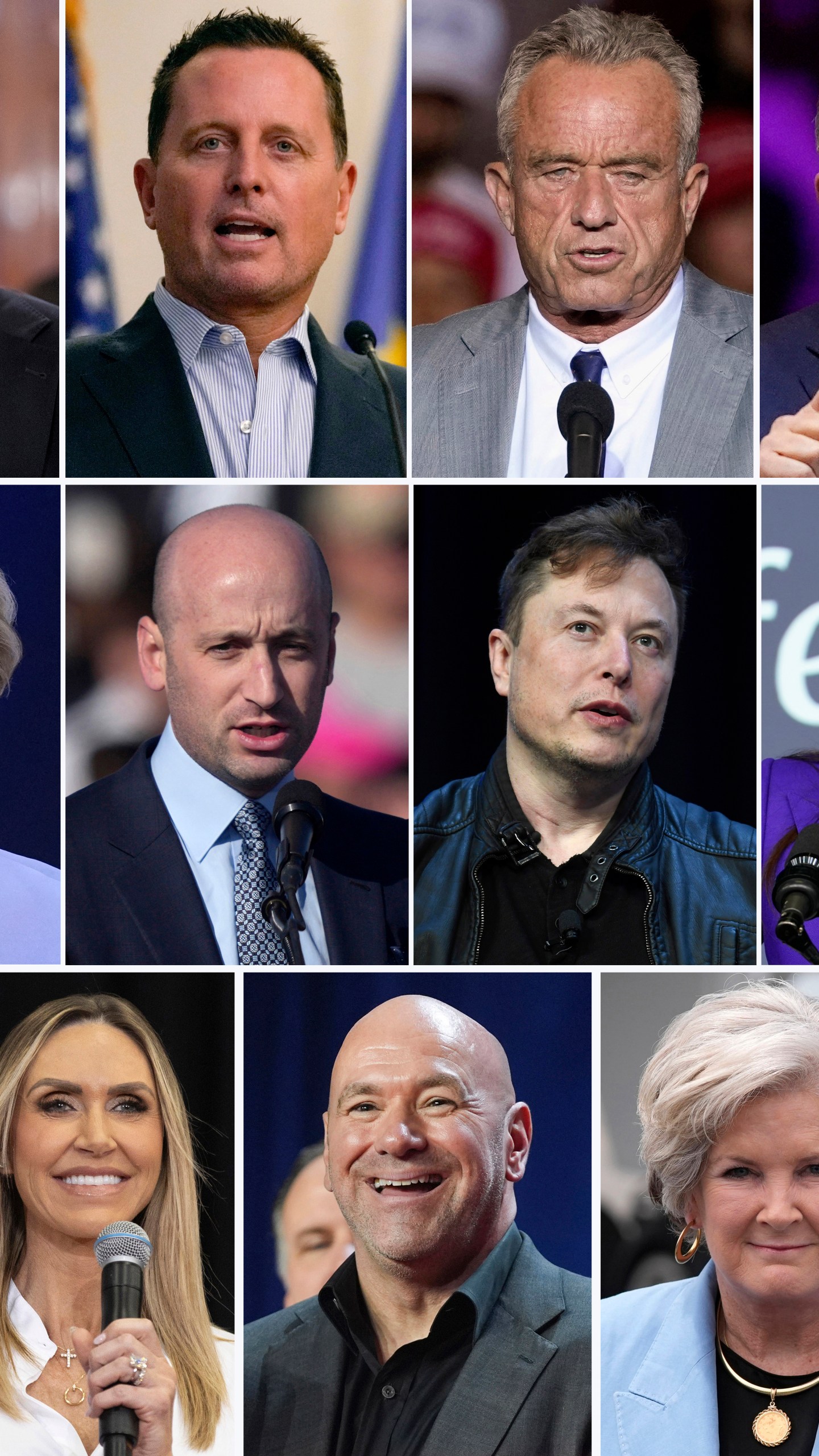 This combination photo of President-elect Donald Trump's longtime friends, aides and allies shows Boris Epshteyn, from top row left, Richard Grenell, Robert F. Kennedy Jr., Howard Lutnick, from center row left, Linda McMahon, Stephen Miller, Elon Musk, Brooke Rollins and from bottom row left Lara Trump, Dana White and Susie Wiles. (AP Photo)