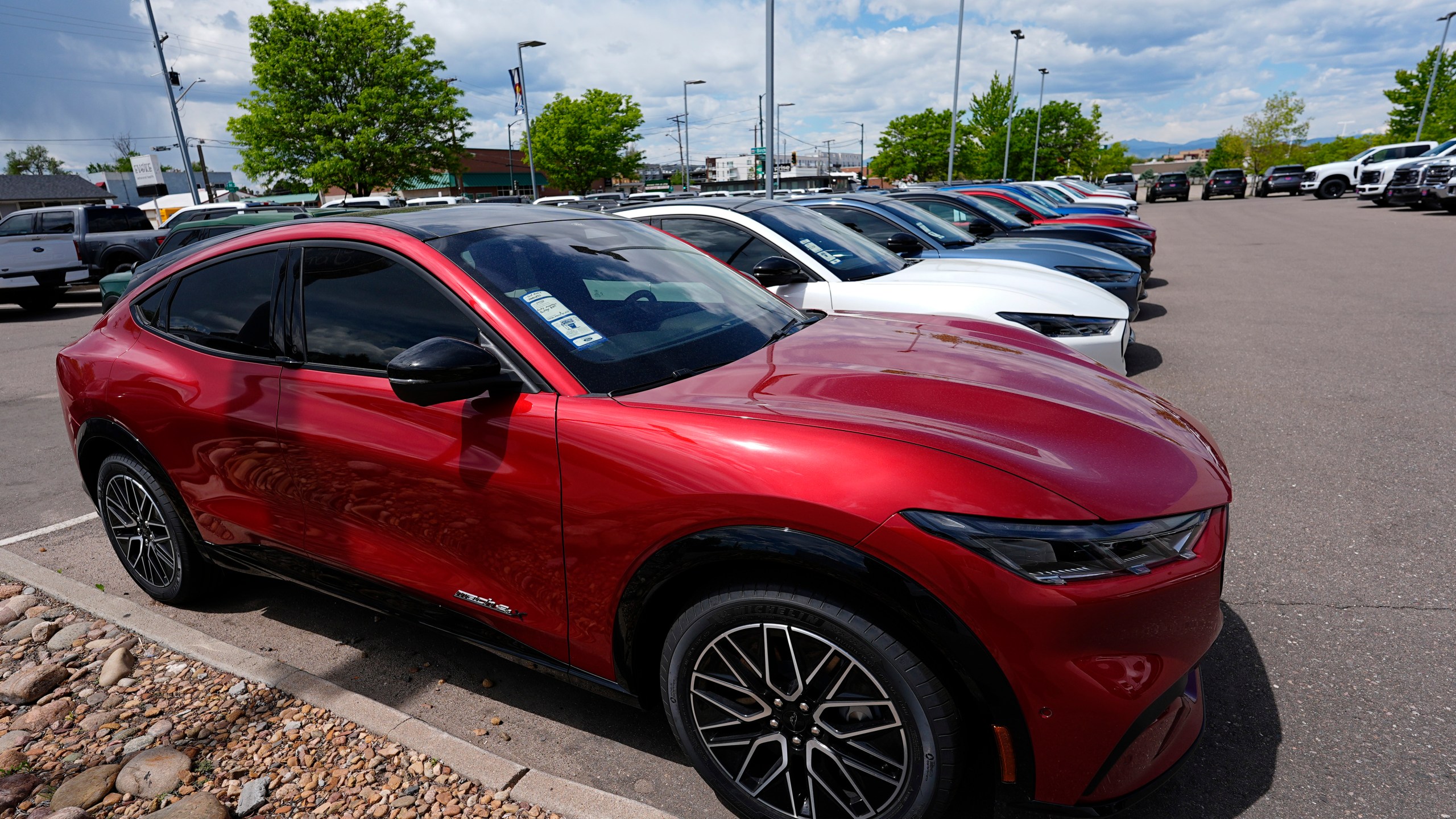 FILE - A line of unsold 2024 Mustang Mach-E electric utility vehicles sit at a Ford dealership May 19, 2024, in Denver. (AP Photo/David Zalubowski, File)