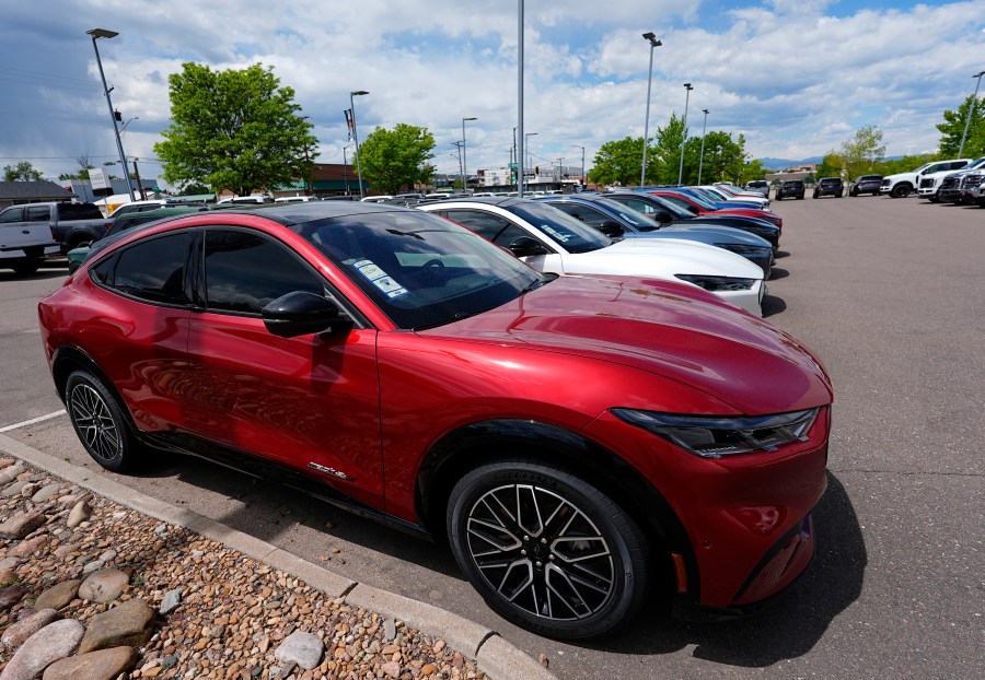 FILE - A line of unsold 2024 Mustang Mach-E electric utility vehicles sit at a Ford dealership May 19, 2024, in Denver. (AP Photo/David Zalubowski, File)