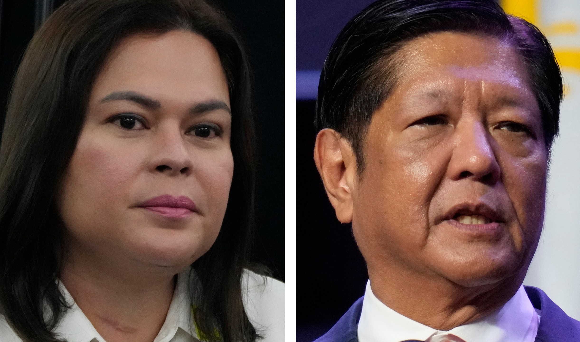 This combination photo shows Philippine Vice President Sara Duterte, left, in Quezon City, Philippines, Nov. 13, 2024, and Philippines President Ferdinand Marcos Jr. in Vientiane, Laos, Oct. 9, 2024. (AP Photo)