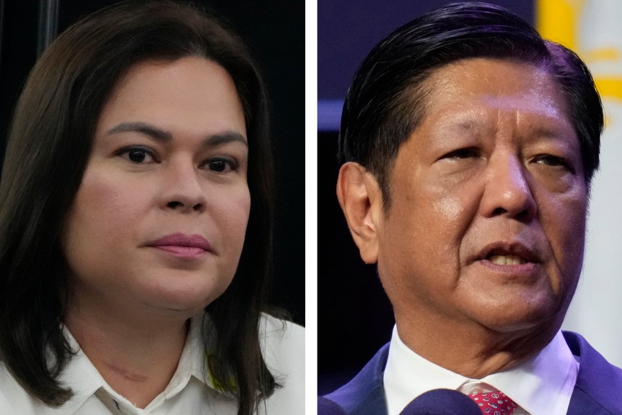 This combination photo shows Philippine Vice President Sara Duterte, left, in Quezon City, Philippines, Nov. 13, 2024, and Philippines President Ferdinand Marcos Jr. in Vientiane, Laos, Oct. 9, 2024. (AP Photo)