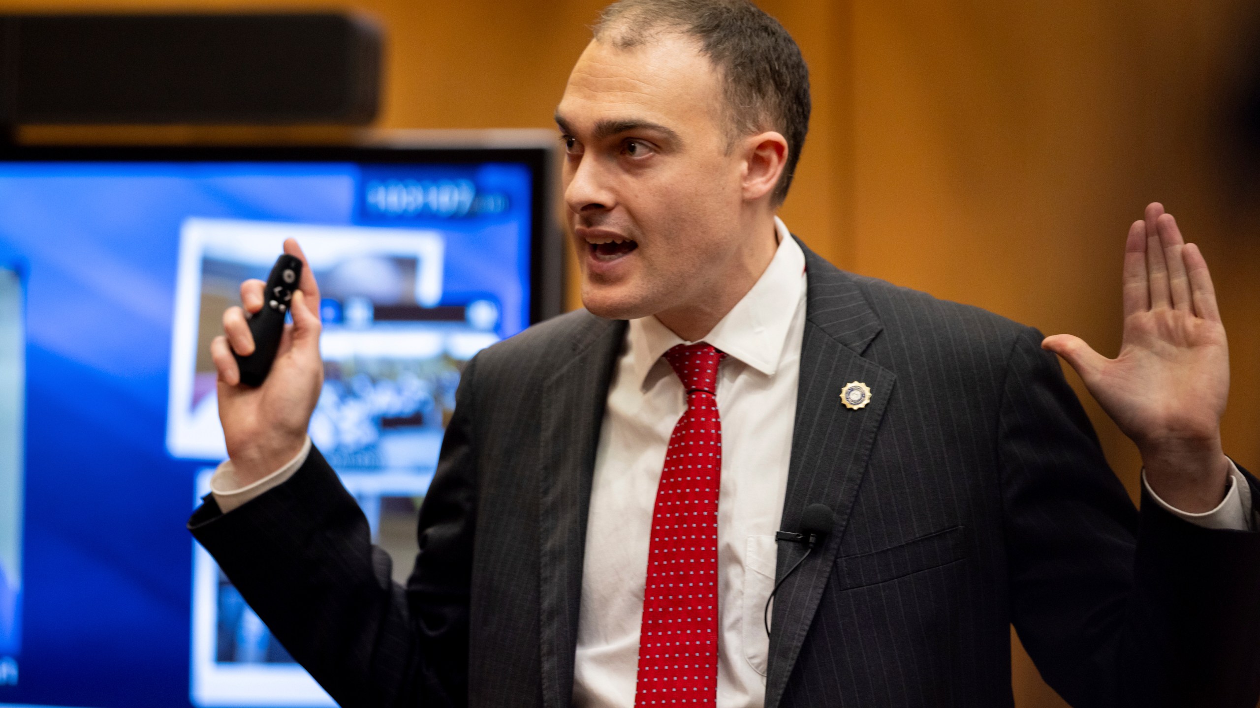 Fulton County Assistant District Attorney Christian Adkins makes closing arguments during the rapper Young Thug trial at Fulton County Courthouse in Atlanta on Monday, Nov. 25, 2024. (Arvin Temkar/Atlanta Journal-Constitution via AP)