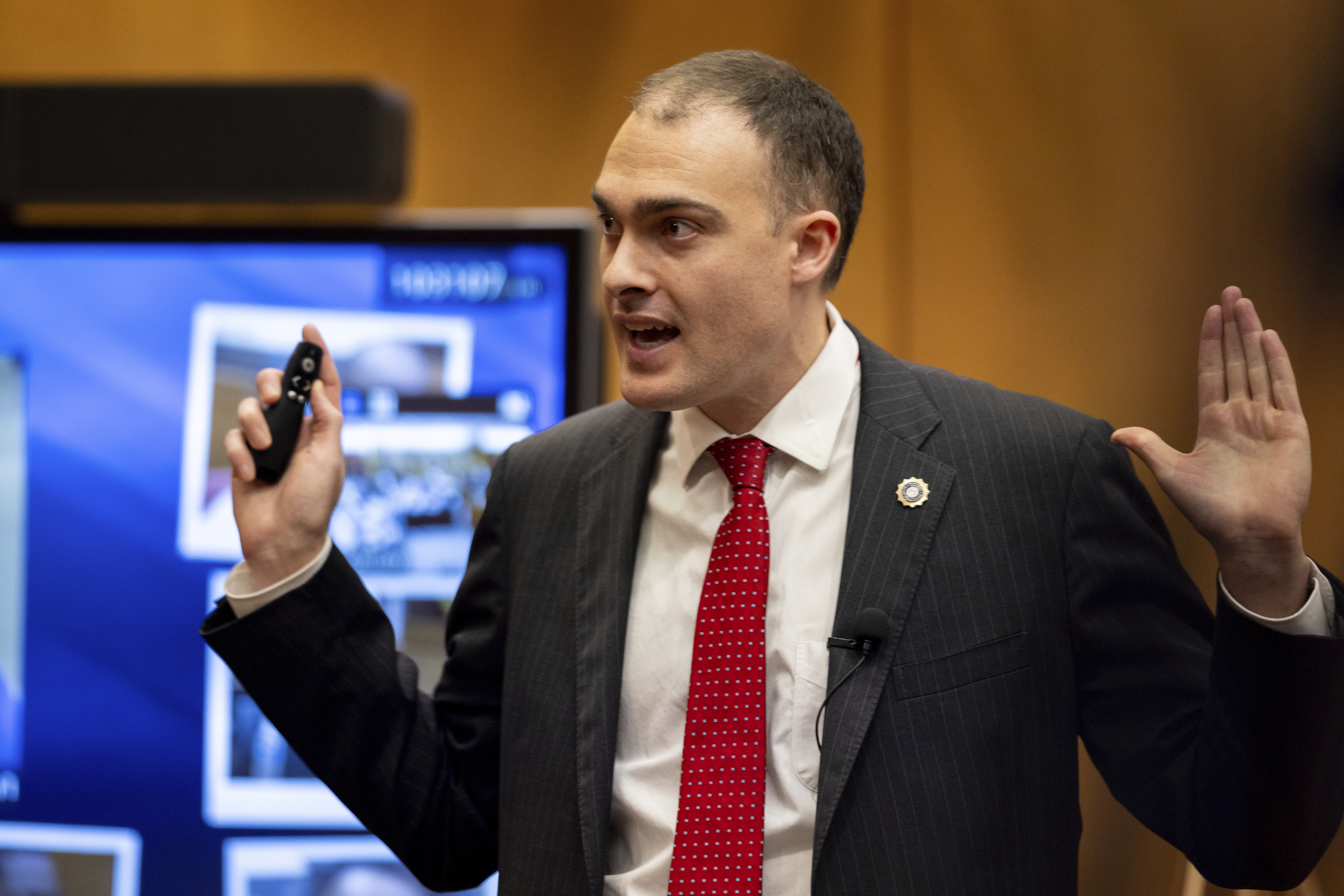 Fulton County Assistant District Attorney Christian Adkins makes closing arguments during the rapper Young Thug trial at Fulton County Courthouse in Atlanta on Monday, Nov. 25, 2024. (Arvin Temkar/Atlanta Journal-Constitution via AP)