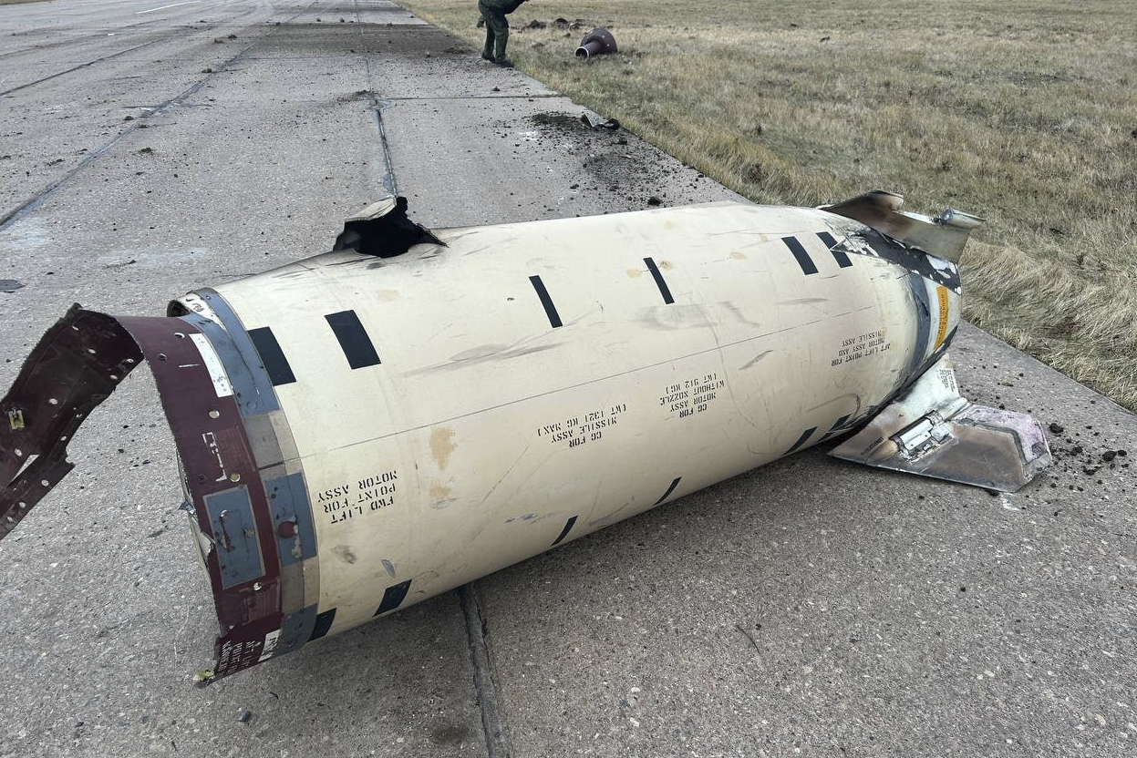 This photo released by Russian Defense Ministry official Telegram channel on Tuesday, Nov. 26, 2024, shows the fragments of a missile fired by Ukraine at the territory of Kursk airport in Russia. (Russian Defense Ministry Official Telegram Channel via AP)