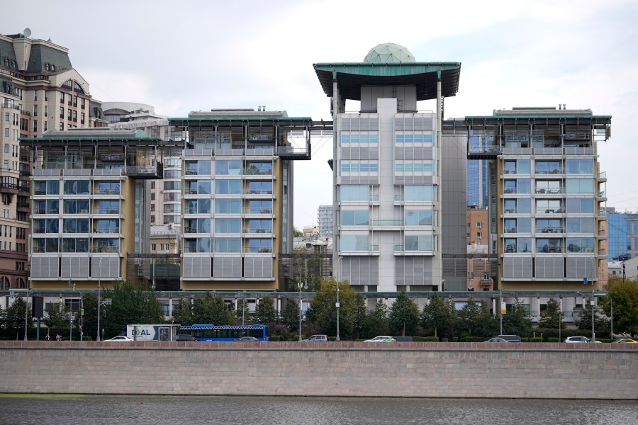 A view of the British Embassy building in Moscow, Russia, Friday, Sept. 13, 2024. Russian authorities on Tuesday ordered a British diplomat to leave the country on allegations of spying as tensions soar over the conflict in Ukraine. (AP Photo)