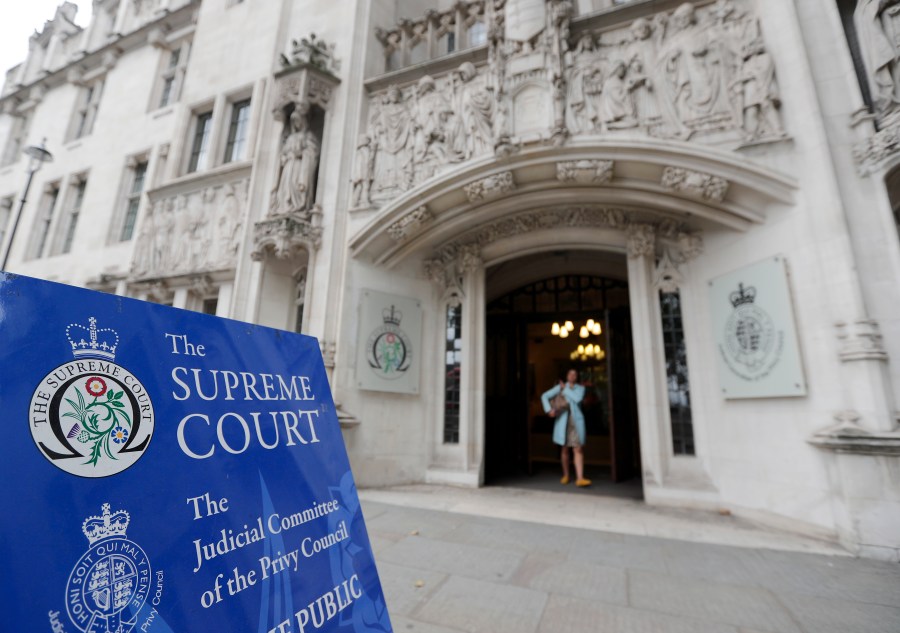 FILE - The entrance of the Supreme Court in London, Wednesday, Sept. 11, 2019. (AP Photo/Frank Augstein, File)