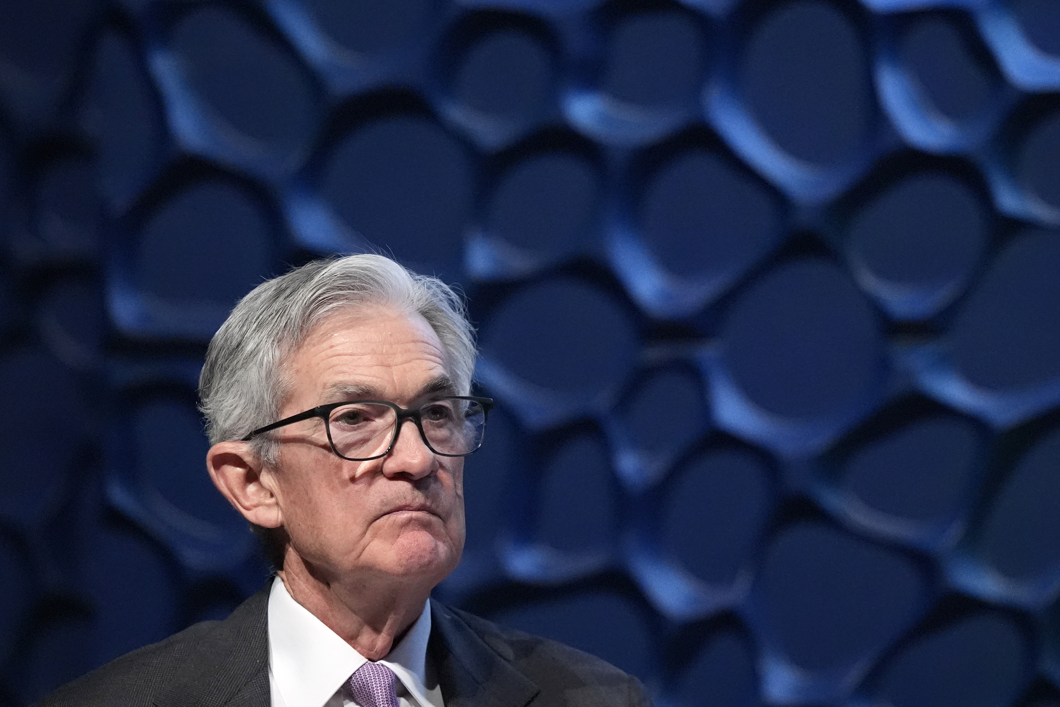 FILE - Federal Reserve Chair Jerome Powell listens to a question from a moderator during a Dallas Regional Chamber event in Music Hall at Fair Park Nov. 14, 2024, in Dallas. (AP Photo/LM Otero, File)