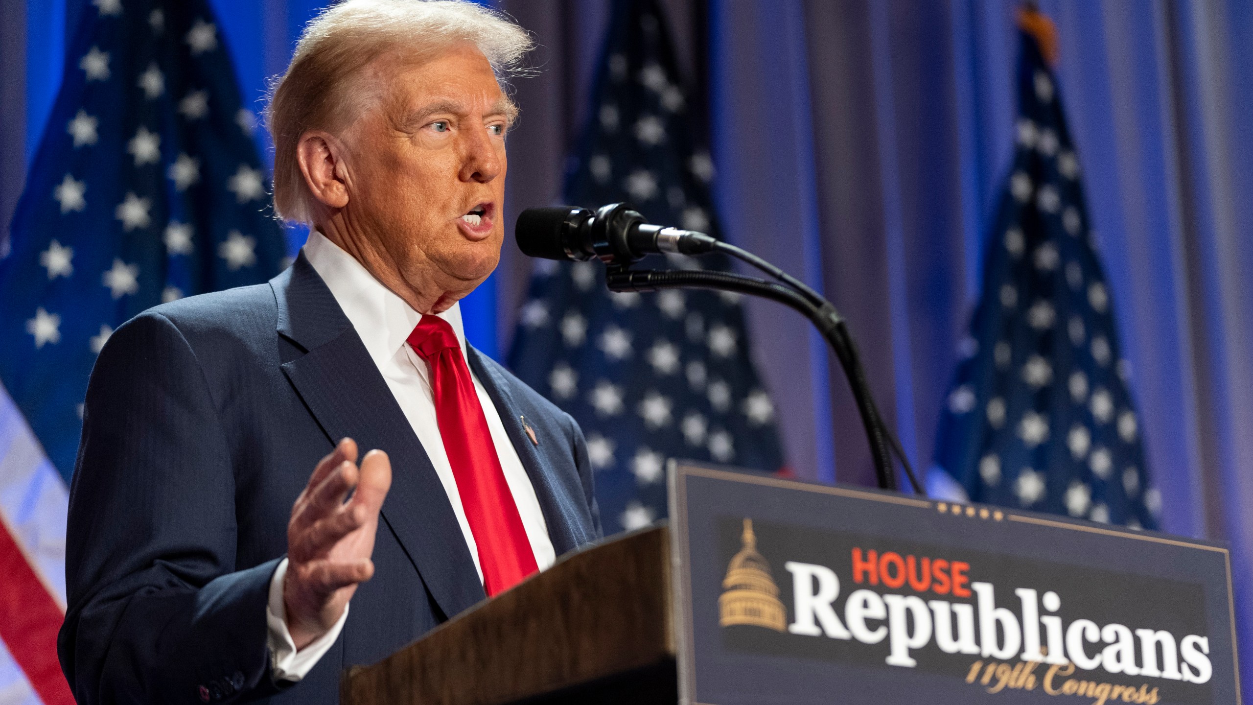 FILE - President-elect Donald Trump speaks at meeting of the House GOP conference, Nov. 13, 2024, in Washington. (AP Photo/Alex Brandon, File)