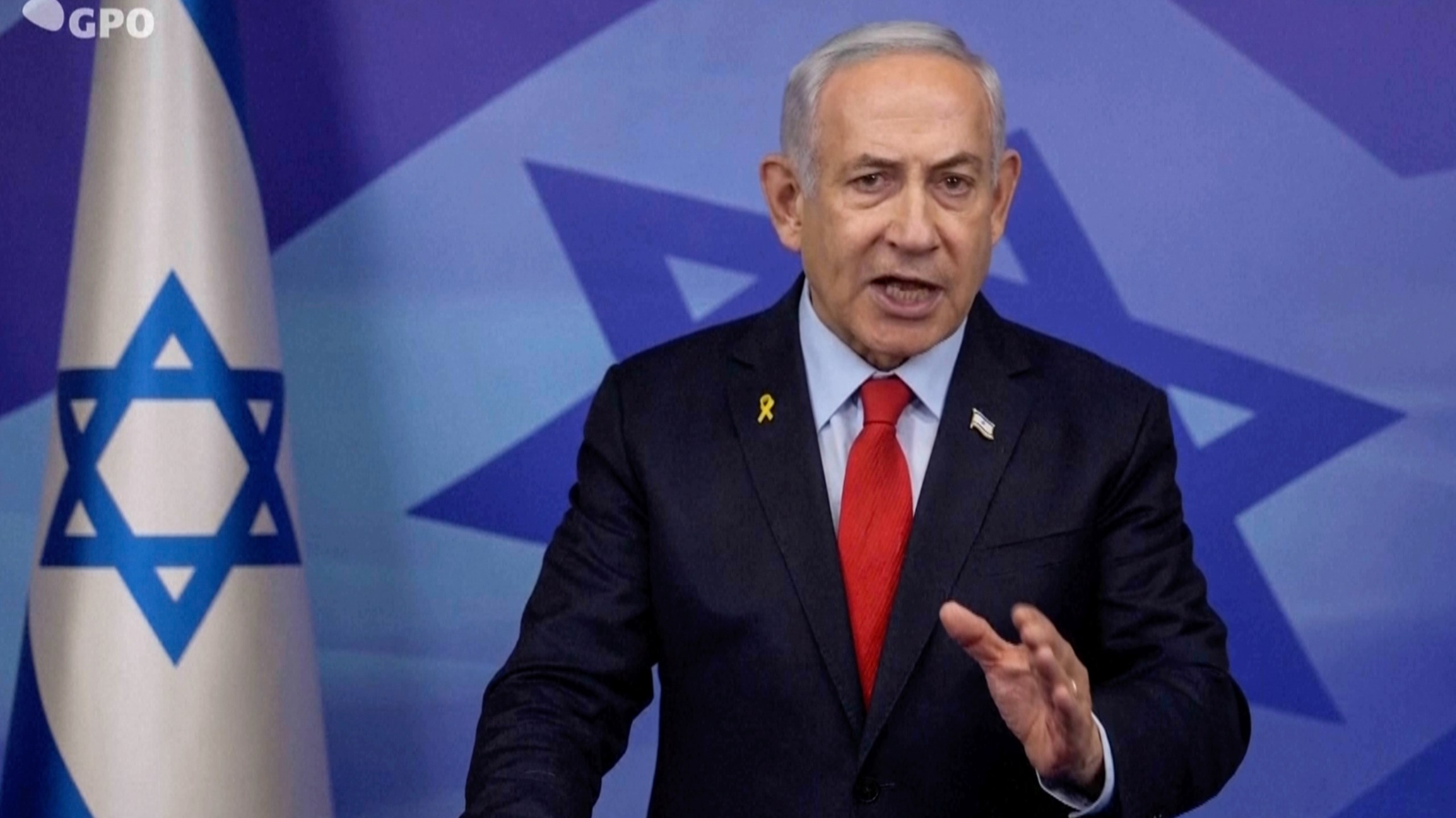 In this screen grab image from video provide by the Israeli Government Press Office, Israeli Prime Minister Benjamin Netanyahu makes a televised statement Tuesday, Nov. 26, 2024, in Jerusalem, Israel. (Israeli Government Press Office via AP)