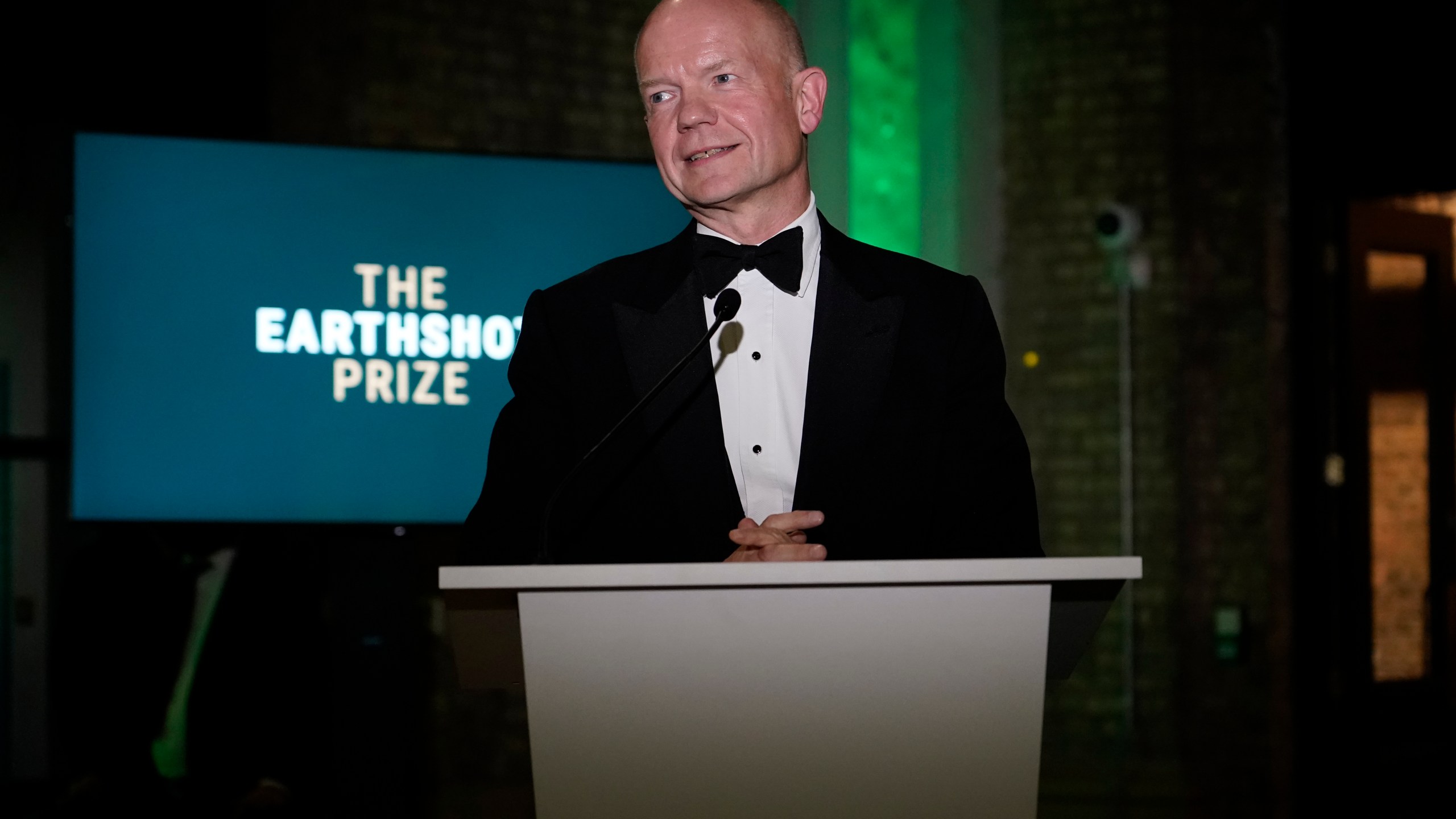 FILE - Chairman of the Royal Foundation William Hague holds a speech as he attends the first ever Earthshot Prize Awards Ceremony at Alexandra Palace in London on Sunday, Oct. 17, 2021. (AP Photo/Alberto Pezzali, Pool, File)