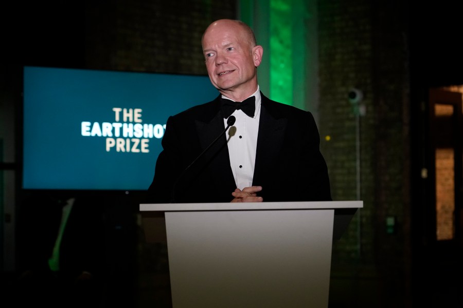 FILE - Chairman of the Royal Foundation William Hague holds a speech as he attends the first ever Earthshot Prize Awards Ceremony at Alexandra Palace in London on Sunday, Oct. 17, 2021. (AP Photo/Alberto Pezzali, Pool, File)