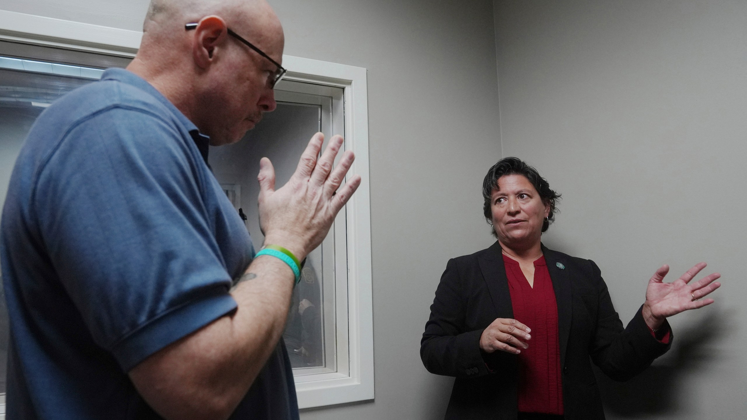 Border Patrol specialist Mitchell Holmes listens to instructor and chaplain Myrna Gonzalez during a training session, Wednesday, Nov. 20, 2024, in Dania Beach, Fla. (AP Photo/Marta Lavandier)