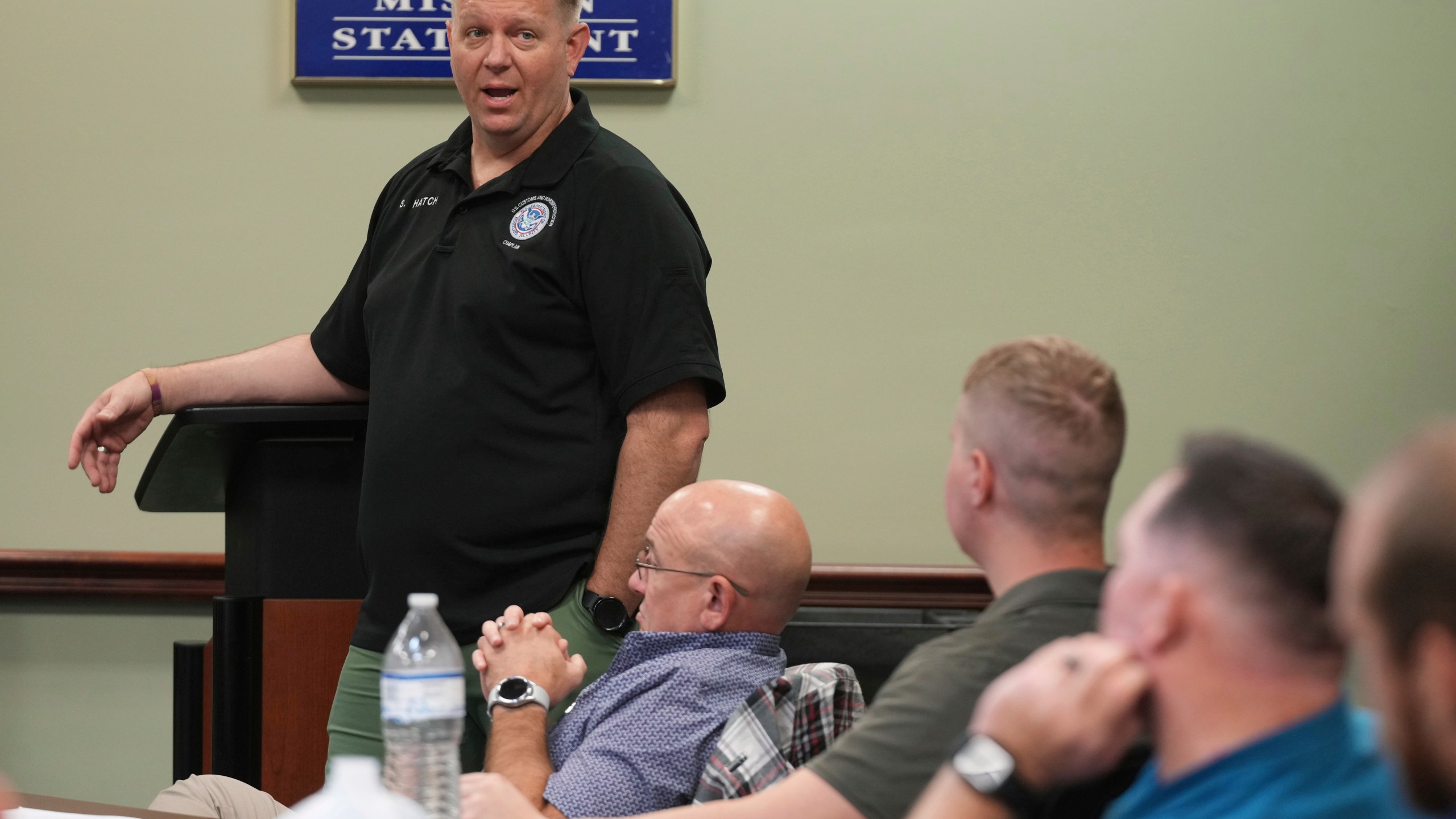 Border Patrol Chaplaincy program manager Spencer Hatch teaches during the Border Patrol Chaplain Academy class, Wednesday, Nov. 20, 2024, in Dania Beach, Fla. (AP Photo/Marta Lavandier)