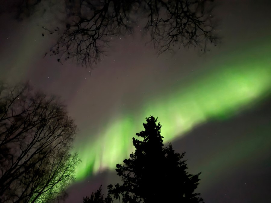 FILE - The northern lights appear over Anchorage, Alaska, early the morning of Friday, Oct.. 11, 2024. (AP Photo/Mark Thiessen, File)